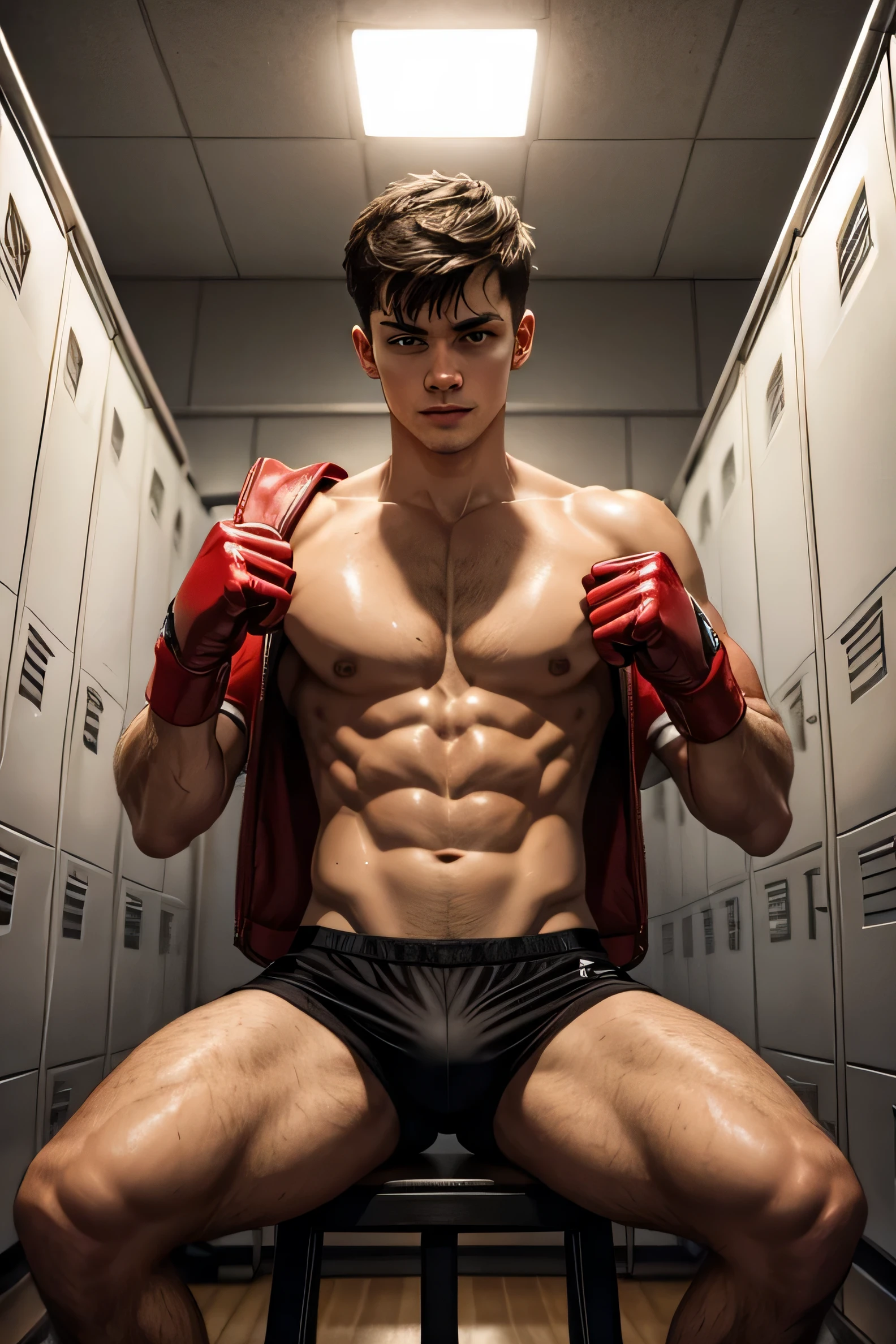 shirtless sweat-drenched 22-year old short black hair caucasian wearing boxing red gloves, black shorts, in the locker room, tired from training 