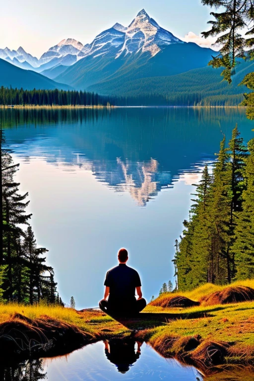A secluded mountain peak, a tranquil forest clearing, or a serene lakeside, where the beauty of the natural world envelops the scene. The Meditating Man is depicted in a state of profound contemplation, his posture reflective of inner strength and resilience.