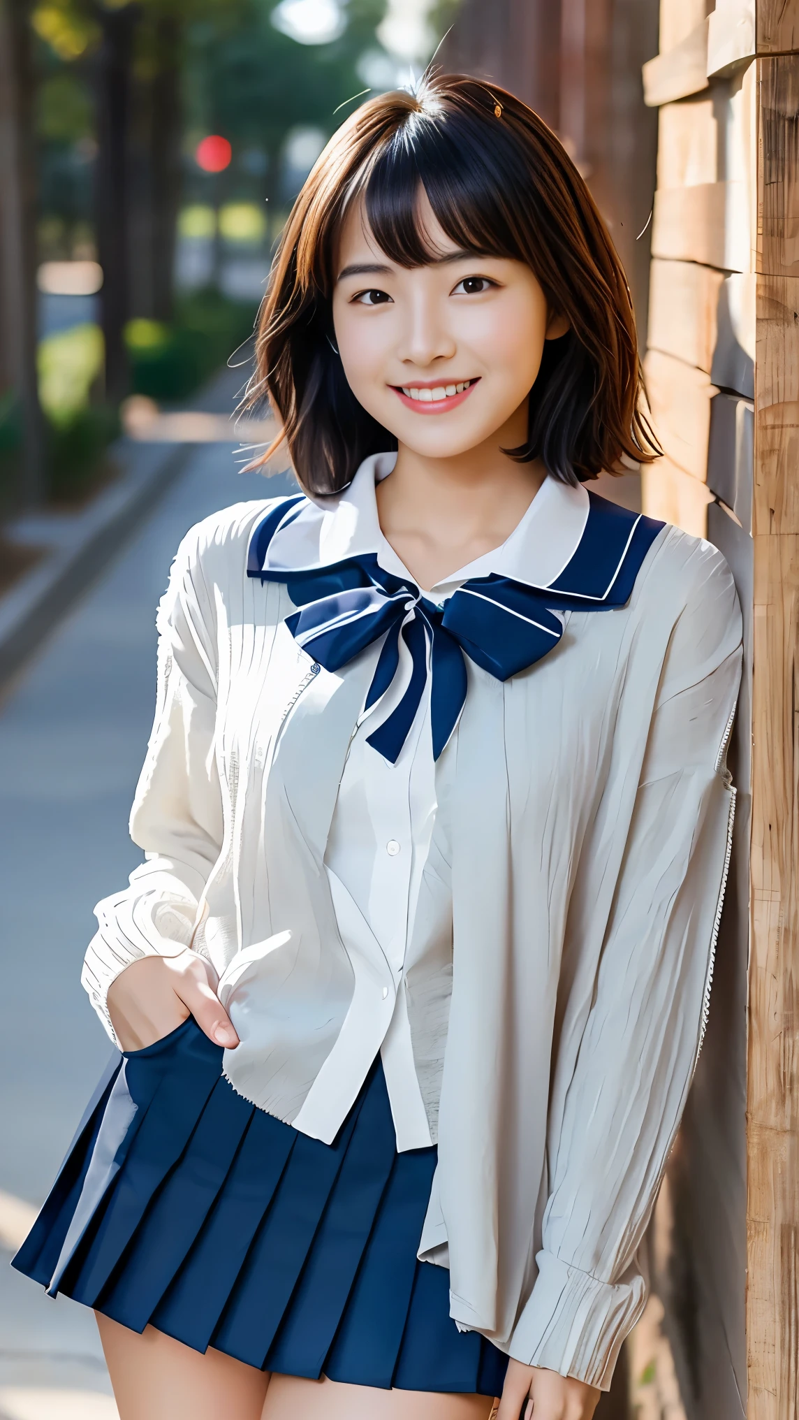 (masterpiece:1.3, highest quality), ultra high resolution, super detailed, (realistic, photorealistic:1.4), beautiful illustrations, perfect lighting, colorful, Depth of the bounds written,
looking at the viewer, full body, 1 girl, , high school girl, perfect face, (perfect anatomy, anatomically correct), Cute symmetrical face, baby face, sunburn, shiny skin,
(short hair:1.2, bob cut:1.2, silver hair), crossed bangs, purple eyes, long eyelash, (medium breasts), thin,
beautiful hair, beautiful face, detailed and beautiful eyes, beautiful clavicle, beautiful body, beautiful breasts, beautiful thighs, beautiful feet, beautiful fingers,
((Aquamarine cardigan, long sleeve white shirt with collar, Slate grey pleated skirt, Navy Neck Ribbon)), short socks,
(beautiful scenery), evening, (school hallway), Wariza, (cute smile, upper eye),
