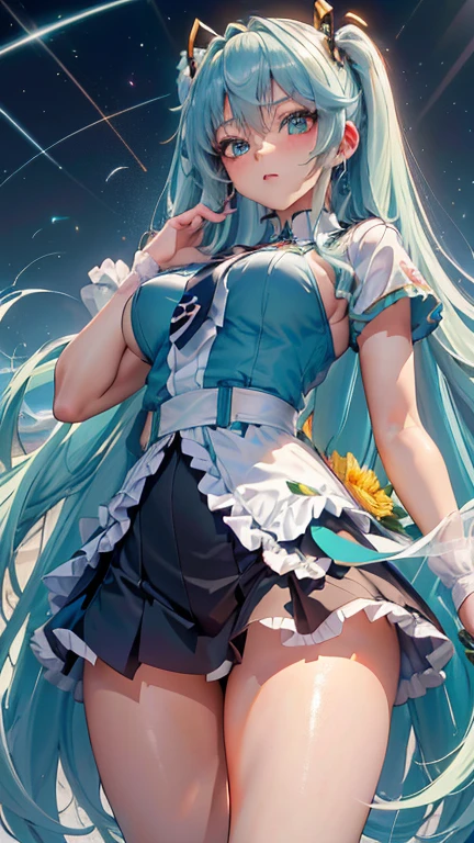 (Seios grandes Hatsune Miku，electronic singer，cabelo verde，Ombros nus，uma saia preta，mangas pretas，(Blusa de cor branca)，Roupas brancas，8k，A high resolution，olhos verdes，fundo do concerto，No local do concerto，em concerto，Only beautiful thighs are exposed，the clothes are white，The big arm number is 01，The number is 01，fundo brilhante，Leaves&#39;uma gravata para usar，Posar de uma maneira que uma garota posaria，cabelo de alta qualidade，The eyes of the anime heroine，Olhos de detalhes ultraelevados，olhos de alta qualidade，gravata longa，The length of the tie is thirty cm，Olhos de alto detalhe