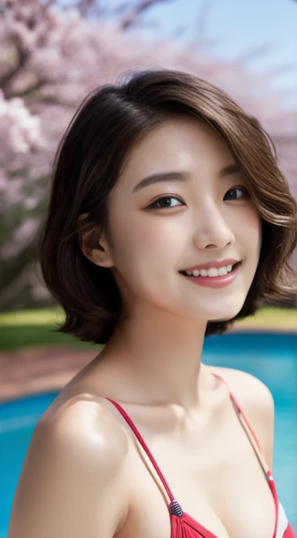 table top, highest quality, shape, Super detailed, finely, High resolution, 8k wallpaper, Beautiful woman at 30 years old,y,Japanese、short cut hair、red swimsuit