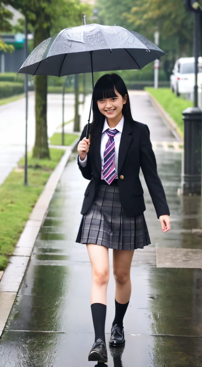 high school girl、tall、blazer、tie、skirt、black hair straight、rain、umbrella、walk、smile、In town