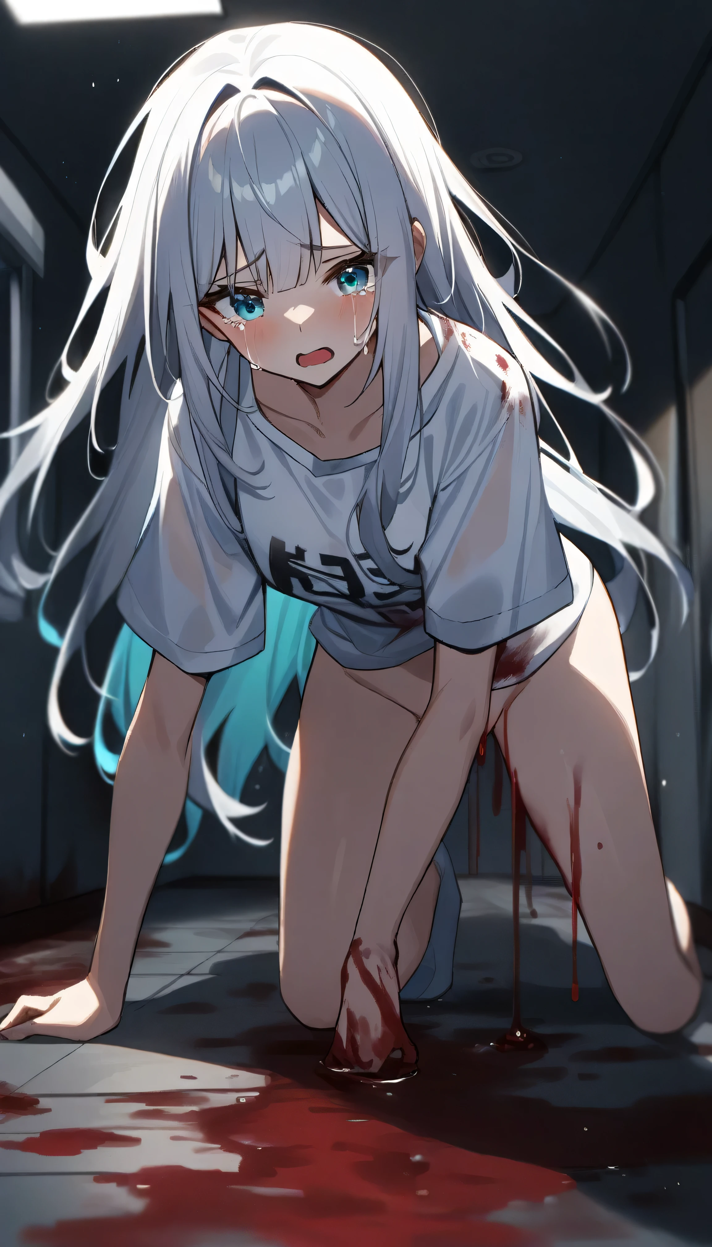 1girl、young girl、white hair、long hair、bangs、bright aqua eyes、bloody white T shirt oversized、bust-up、depth of field、pussy、dark theme、tears、in abadoned hospital、blood coming out from her pussy、many blood in floor