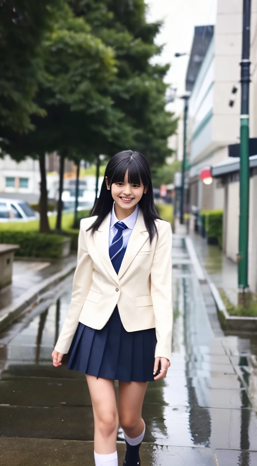 high school girl、tall、blazer、tie、skirt、black hair straight、rain、umbrella、walk、smile、In town