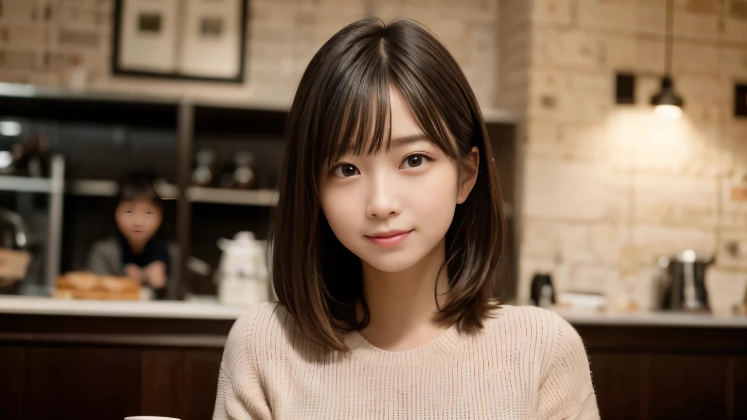 masterpiece, highest quality, 8K, person without order, (Upper body:1.4), stylish cafe,tight knit, beautiful girl, cute face, looking at the viewer, smile, Super realistic, High resolution, photograph, sharp focus, HDR, face light, dynamic lighting, movie lighting, professional shadow, beautiful cafe background, best details, very detailed, Super detailed, finely, real skin, delicate features, detailed face and eyes, sharp pupils、Real students