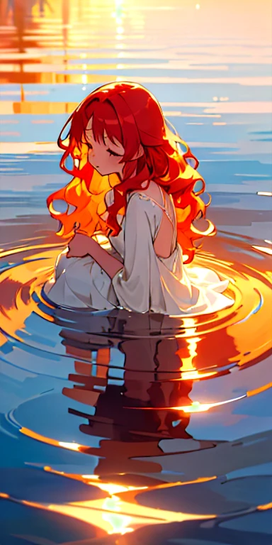 red-haired girl sitting in water,photorealistic,stunning sunset reflection,wavy hair,serene expression,flowing dress,golden sunlight,ripples on the water,glowing skin,peaceful atmosphere,colorful sunset sky,ethereal ambiance,Autumn vibes,soft and warm lighting,harmonious and balanced composition,gentle breeze,tranquil and dreamy scene,hint of romance,subtle texture in the water,serene and contemplative mood