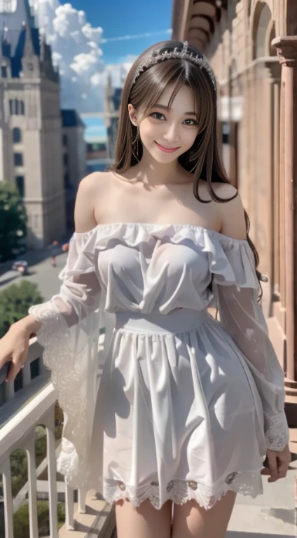 Best quality, masterpiece, ultra-high resolution, 8K, (reality: 1.4), RAW shooting, most detailed face, very detailed and perfect anatomy, live photography; most beautiful face; shining skin; one 18-year-old Japanese.My bangs and eyes are big and cute.It has brown eyes, gentle eyes, long brown hair, a young face, and a large chest.E-cup. Look at the audience.angelic smile.Hair style is braided, off-shoulder dress, dating the city,a smiling face.My legs are pretty,