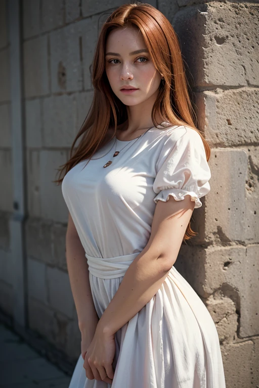 masterpiece、(((reality photo)))、nsfw, super high quality、crystal clear、RAW UHD format、droopy eyes、high resolution glowing eyes、feminine body shape, redhead, highest quality, shirt, close, realistic skin texture, upper body portrait, street wall background, photo shoot, detailed facial features, Film grain texture and high contrast, Very high resolution details, photo's, realistic, surreal, HDR, masterpiece.、A princess from a modest medieval country wearing a dress