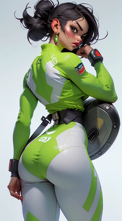 ((A melhor qualidade)), ((Obra-prima)), ((Realista)) y pquenteography ultra detallada, Juri Han,Linda garota Juri Han de Street Fighter, grande, bonito, luz neon.academia, carregar uma (Roupas de alta tecnologia) e um (corda preta, white pattern :1.2) , ((Beautiful and Aesthetic)), sensual, seios grandes, quente, peito grande, Back squat position, Phone in right hand, Academia,