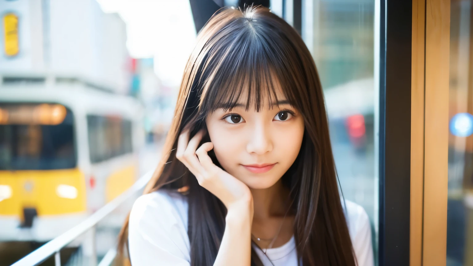 super high quality、natural brightness、日本の若いbeautiful girl、beautiful girl、Strong sadness、sit in a cafe、straight long hair、neat and clean clothes、beautiful skin quality, Japanese idol