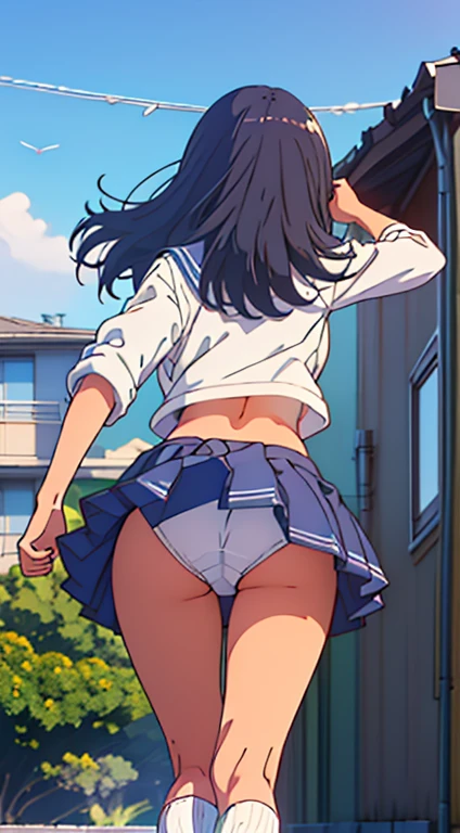 high school girl, big breasts, white sailor suit, Skirt fluttering, white underwear, fluffy hair, raised one leg, seen from behind, The wind is blowing, anime dick.