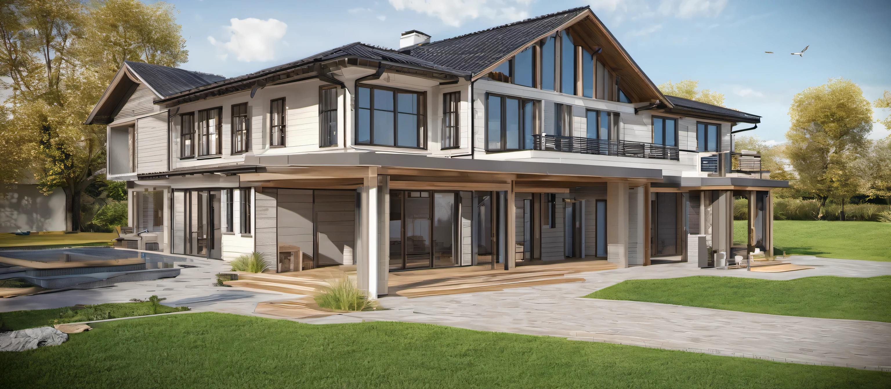 rendering of a house, 3d model rendered, realistic 3/4 view, 3d rendering, 3d rendering, 3/4 view, 3/4 view, 3 d perspective, rendering perspective view, 3d render model, pre-render, sketch, render, with 3d rendering, with 3d rendering, fine rendering