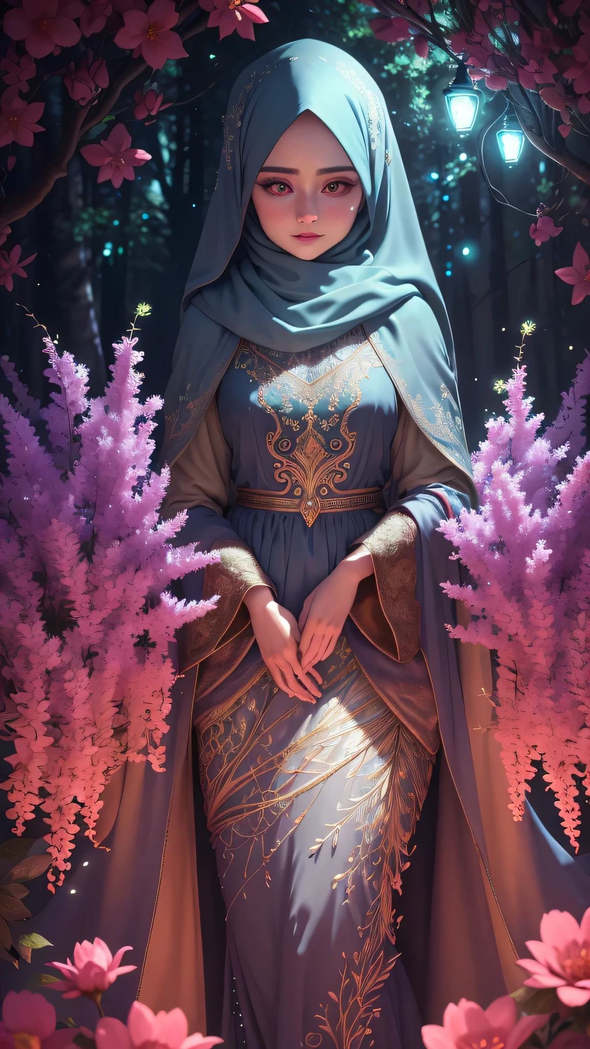 An ultra-realistic and ultra-detailed depiction of a mesmerizing display of  lights magical Forest ,capturing their maximum sharp focus in an astounding 32K UHD resolution. The intricate details are brought to life as the delicate, glowing pastel lights are gracefully wrapped around the majestic trees in the heart of the jungle. A beautiful woman with long hijab , wearing beautiful abaya, beautiful eyes , correct anatomy,Vibrant colors burst forth from the enchanting flowers that bloom in abundance, casting a magical glow in the ambient moonlight of the nighttime scene. The level of definition and clarity achieved in this composition is truly awe-inspiring, immersing viewers in a world of ethereal beauty and captivating wonder.