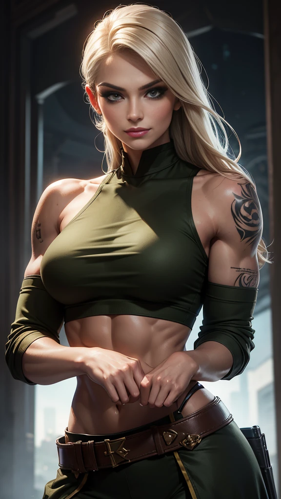 A gorgeous and stunning female soldier fighting on the battlefield, smirking sadistically, smiling sadistically, high rank, dominant, challenging demeanor, smug, teasing, tall, statuesque, imposing, towering, biceps, triceps, eight pack abs, extremely defined abs, tank top, wide shoulders, narrow hips, narrow waist, huge breasts, slim, slender, toned, long eyelashes, make up, perfect eyes, eyeliner, perfect lips, long fingers, delicate fingers, long nails, supermodel, tattoo on shoulder, (military uniform), tanned skin, official uniform, colonel, marshal, lieutenant, platinum blonde, at night,