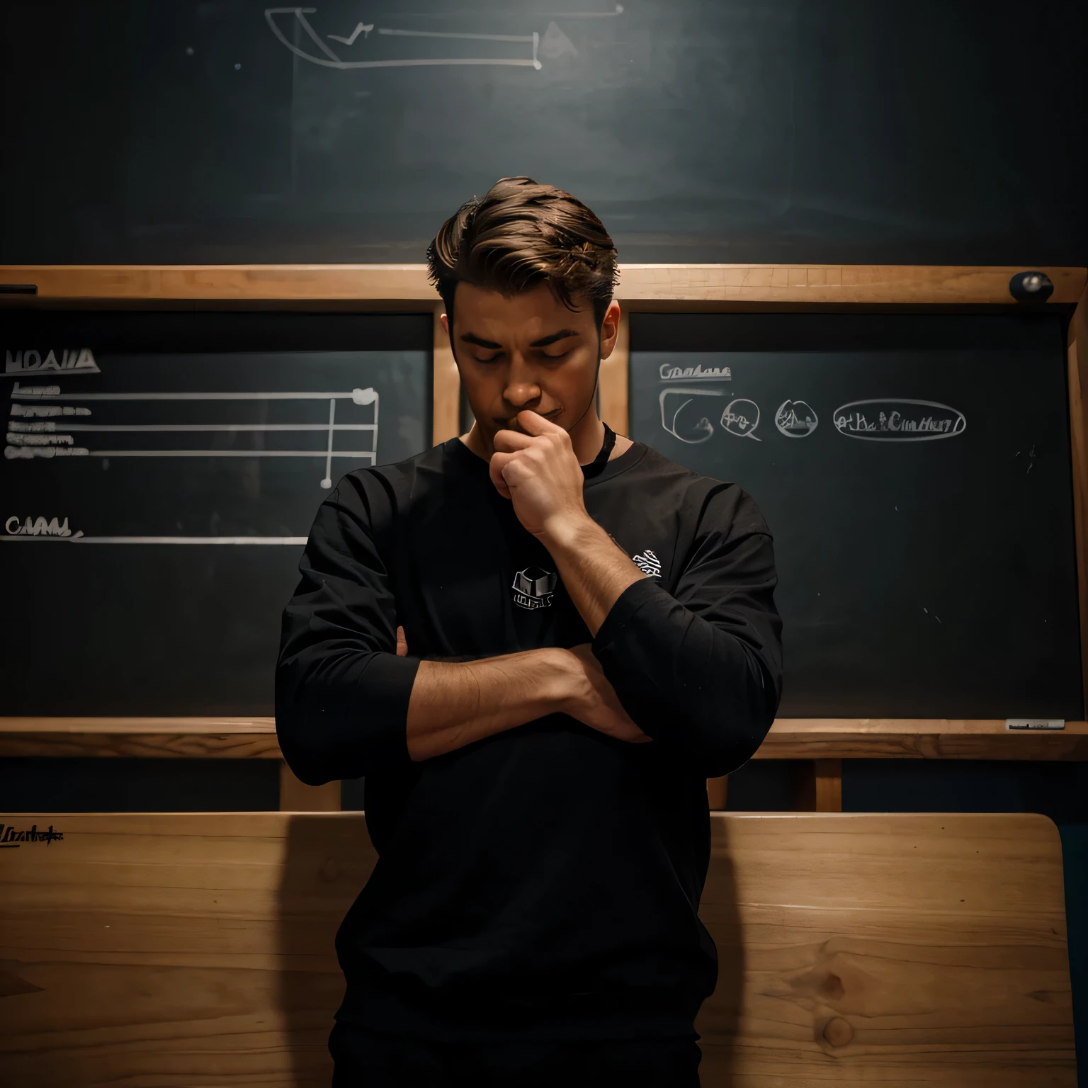 A guy in his thought pose trying to think of something in front of a detailed board.