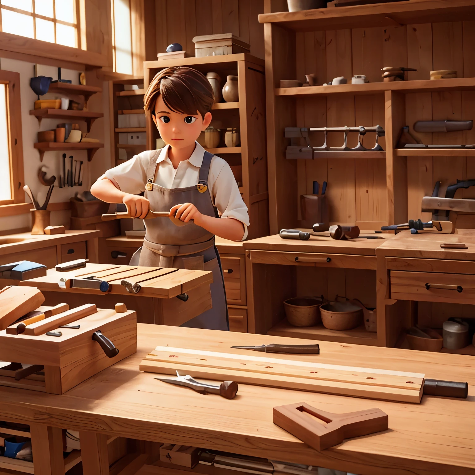 a skilled carpenter working in a well-lit workshop, using fine woodworking tools and techniques, shaping a beautiful piece of high-quality, solid wood furniture, such as a handmade oak table or a walnut bookshelf, with intricate carved details and smooth, polished surfaces [master craftsman, skilled artisan, woodworking expert, creating a masterpiece, detailed craftsmanship], surrounded by shelves filled with neatly organized hand tools, including chisels, planes, saws, and measuring instruments [organized workshop, array of woodworking tools], creating a warm and inviting atmosphere with the scent of sawdust and freshly cut wood [woody aroma, sawdust-filled air], wearing a protective apron and goggles [safety gear], focusing intently on the intricate joinery and precise measurements [attention to detail, precise measurements], with natural light streaming in through large windows, illuminating the workspace [natural lighting, well-lit], capturing the essence of the carpenter's passion for the art of woodworking and dedication to creating timeless, heirloom-quality pieces [passion for woodworking, dedication to craftsmanship, timeless creations].