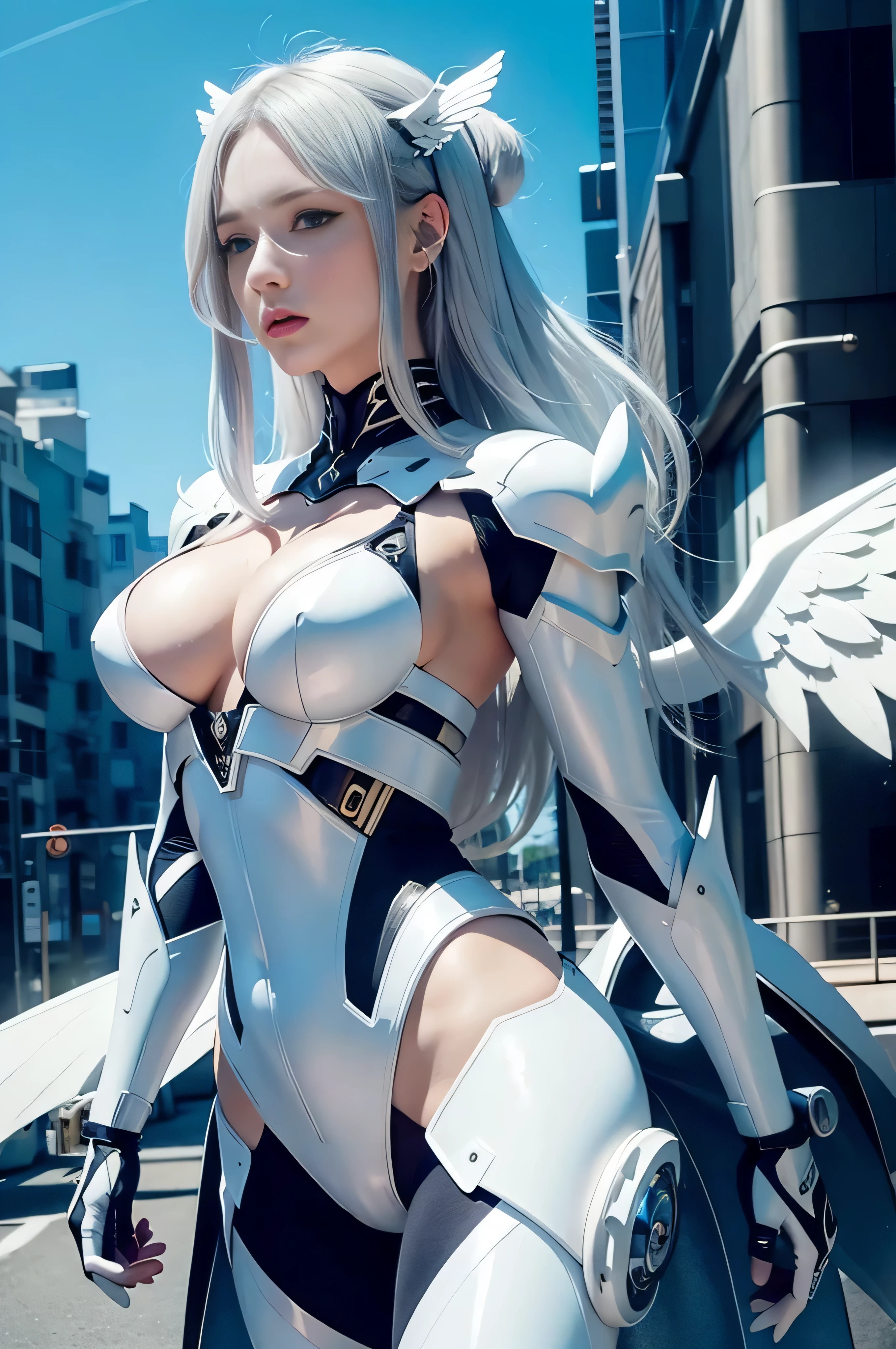 RAW image quality, gray hair、Long, fluttery hair、strong wind、purple eyes、shining eyeechanical Angel、Big metal wings、Steampunk Girl、huge 、face and chest are alive、cleavage is visible。Photoreal、portfolio、White Latex Suit、white porcelain body、Evangelion-style metal mecha suit、Combat cyborg、Sumerian detailetallic、detailed mechanical parts、bundle of thin tubeetal cylinder、detailed neon、Fine LED、small parts、cowboy shot、character edge light、