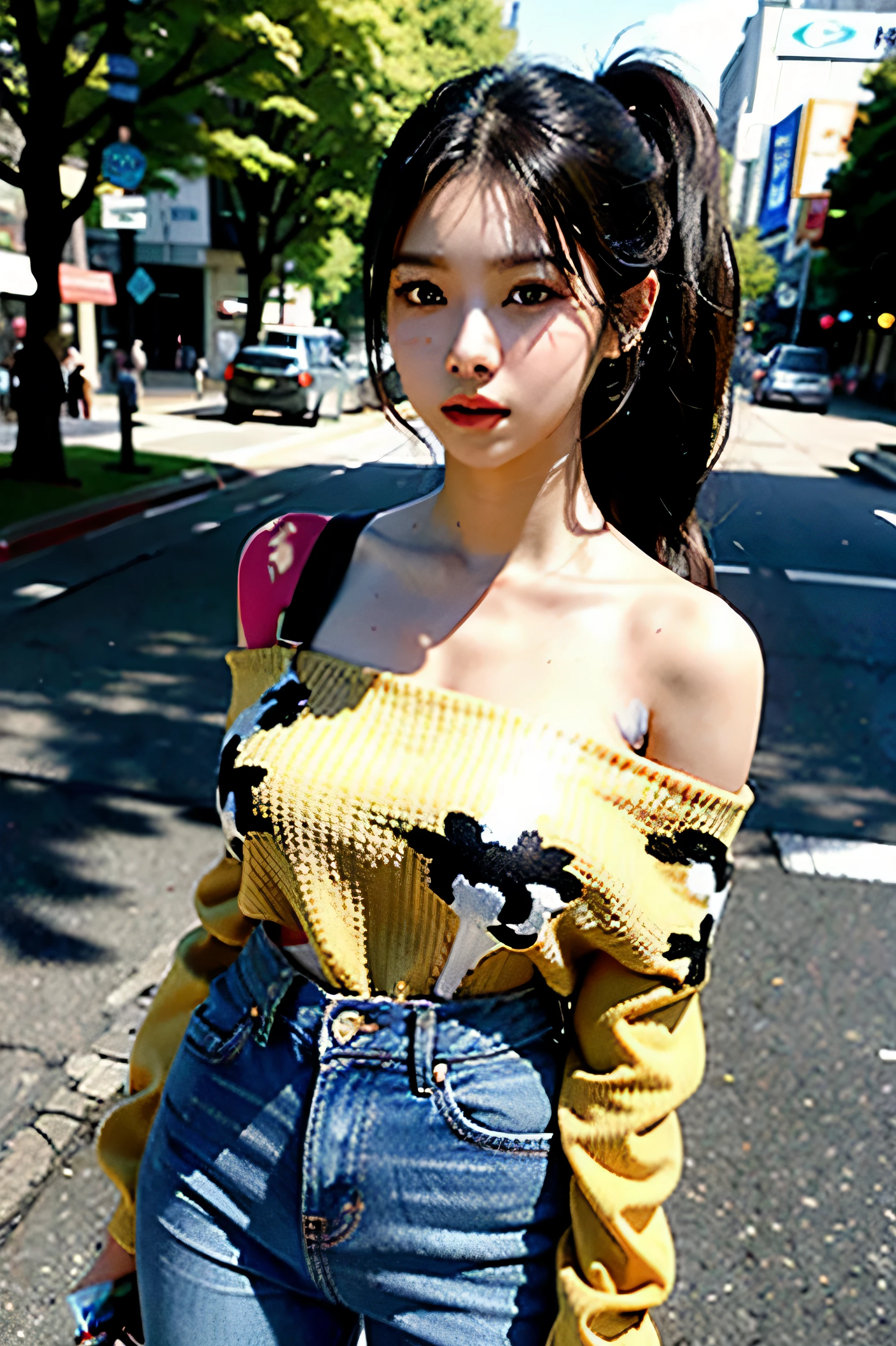 best quality, masterpiece, extremely detailed, high res, 4k, ultra high res, detailed shadow, ultra realistic, realistic, dramatic lighting, film grain, 
1girl, 19 years old korean idol, realistic eyes, realistic skin, bangs, ponytail, 
off shoulder, jeans, 
standing, 
outdoors, shibuya \(tokyo\),