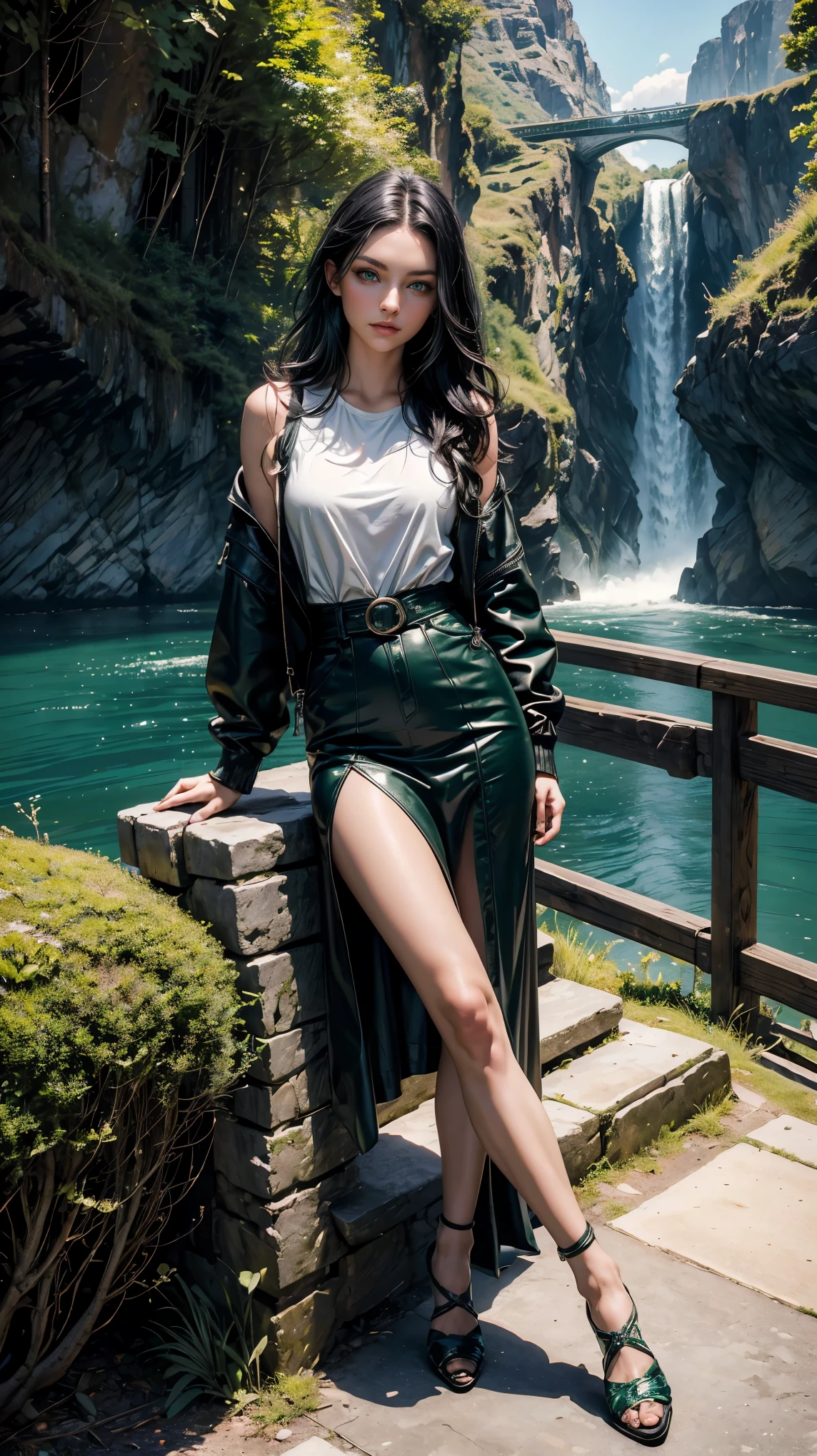 (masterpiece, Best quality, A high resolution, ultra detailed),(beautiful and aesthetically pleasing:1.2), 1 woman, adult, perfect body, wavy black hair, ((green eyes)), detailed eyes and face, full_body, stylish casual wear, stylish comfortable shoes, loose styled, Outdoors, Waterfall, cable car over the canyon,