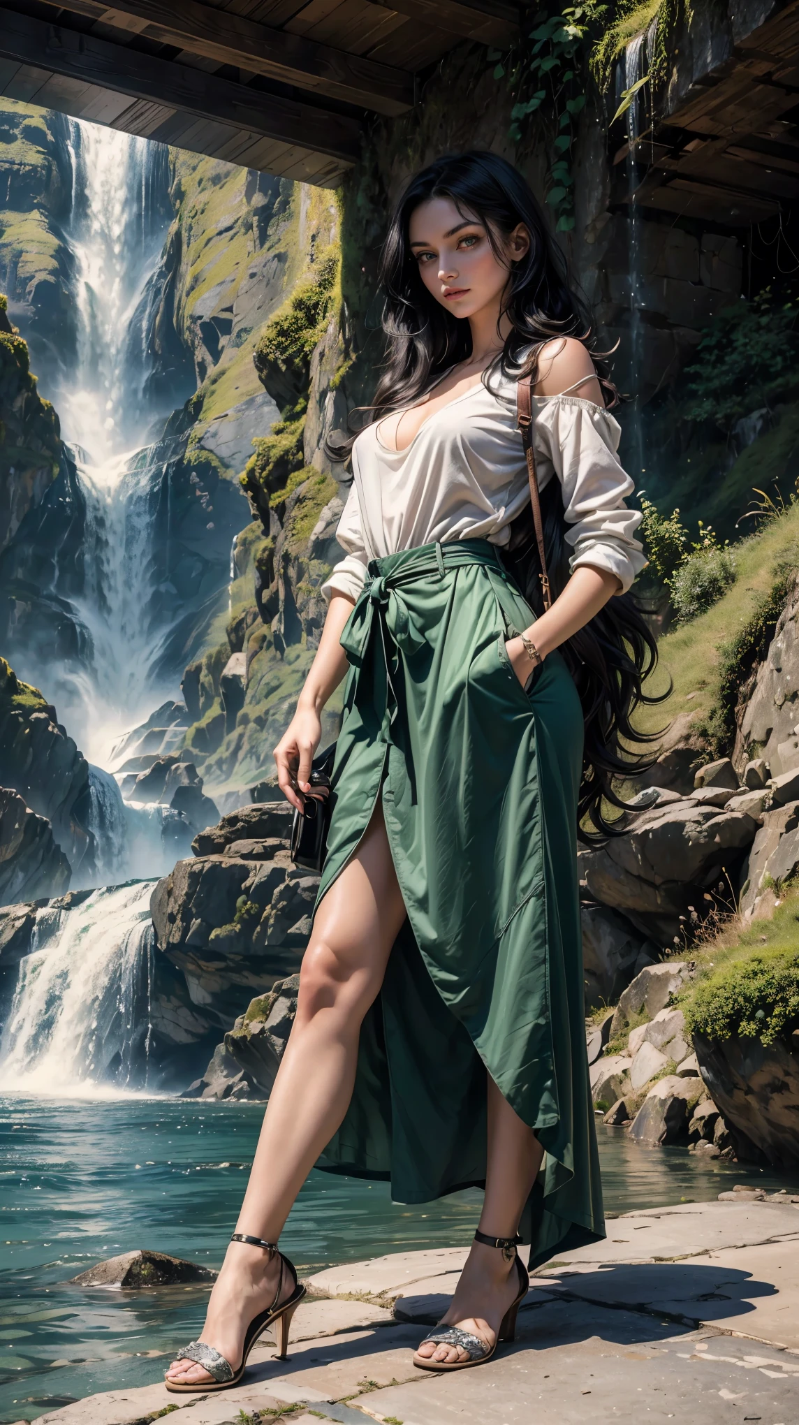 (masterpiece, Best quality, A high resolution, ultra detailed),(beautiful and aesthetically pleasing:1.2), 1 woman, adult, perfect body, wavy black hair, ((green eyes)), detailed eyes and face, full_body, stylish casual wear, stylish comfortable shoes, loose styled, Outdoors, Waterfall, cable car over the canyon,