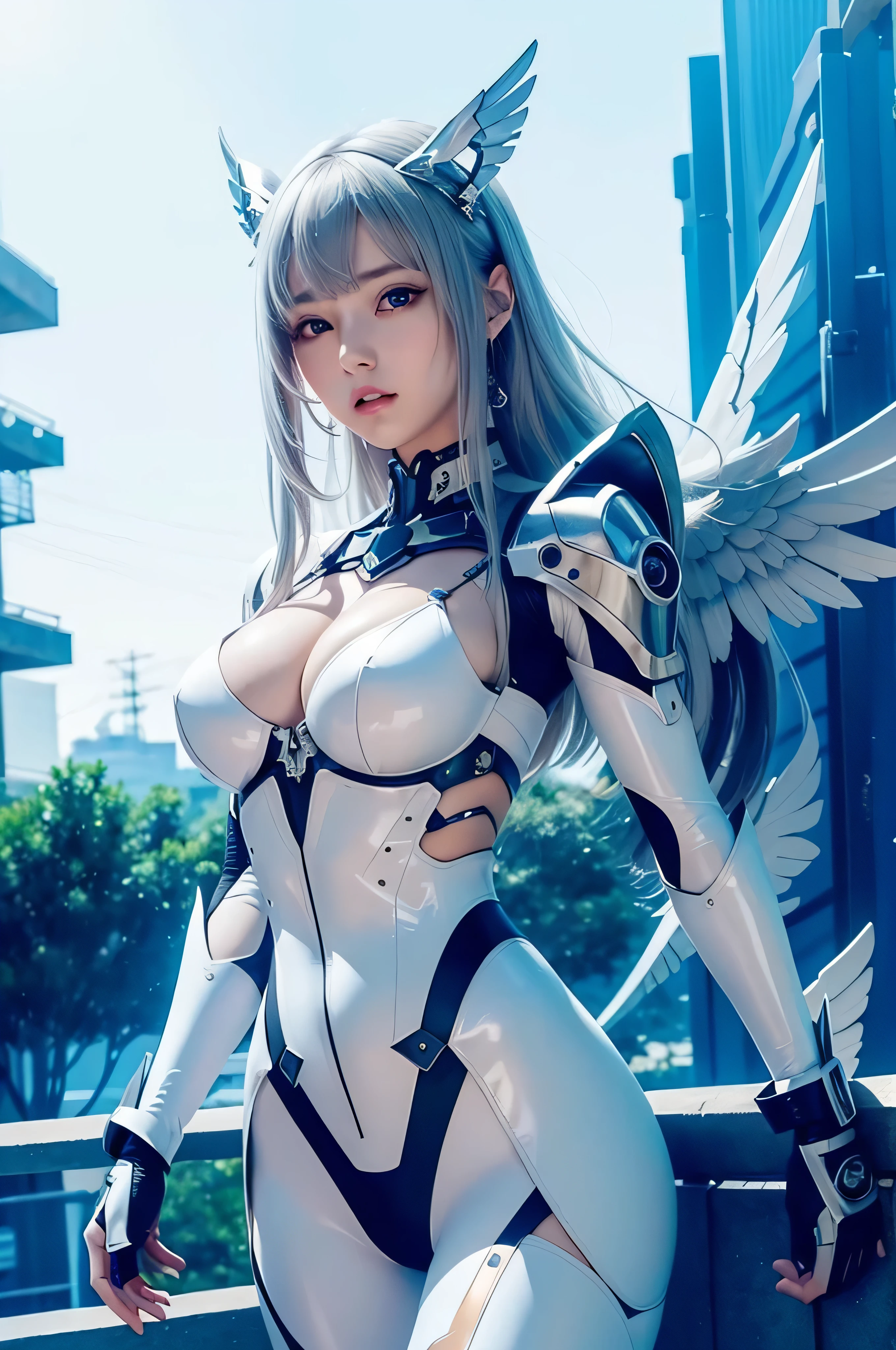 RAW image quality, gray hair、Long, fluttery hair、strong wind、purple eyes、shining eyeechanical Angel、Big metal wings、Steampunk Girl、huge 、face and chest are alive、cleavage is visible。Photoreal、portfolio、White Latex Suit、white porcelain body、Evangelion-style metal mecha suit、Combat cyborg、Sumerian detailetallic、detailed mechanical parts、bundle of thin tubeetal cylinder、detailed neon、Fine LED、small parts、cowboy shot、character edge light、
