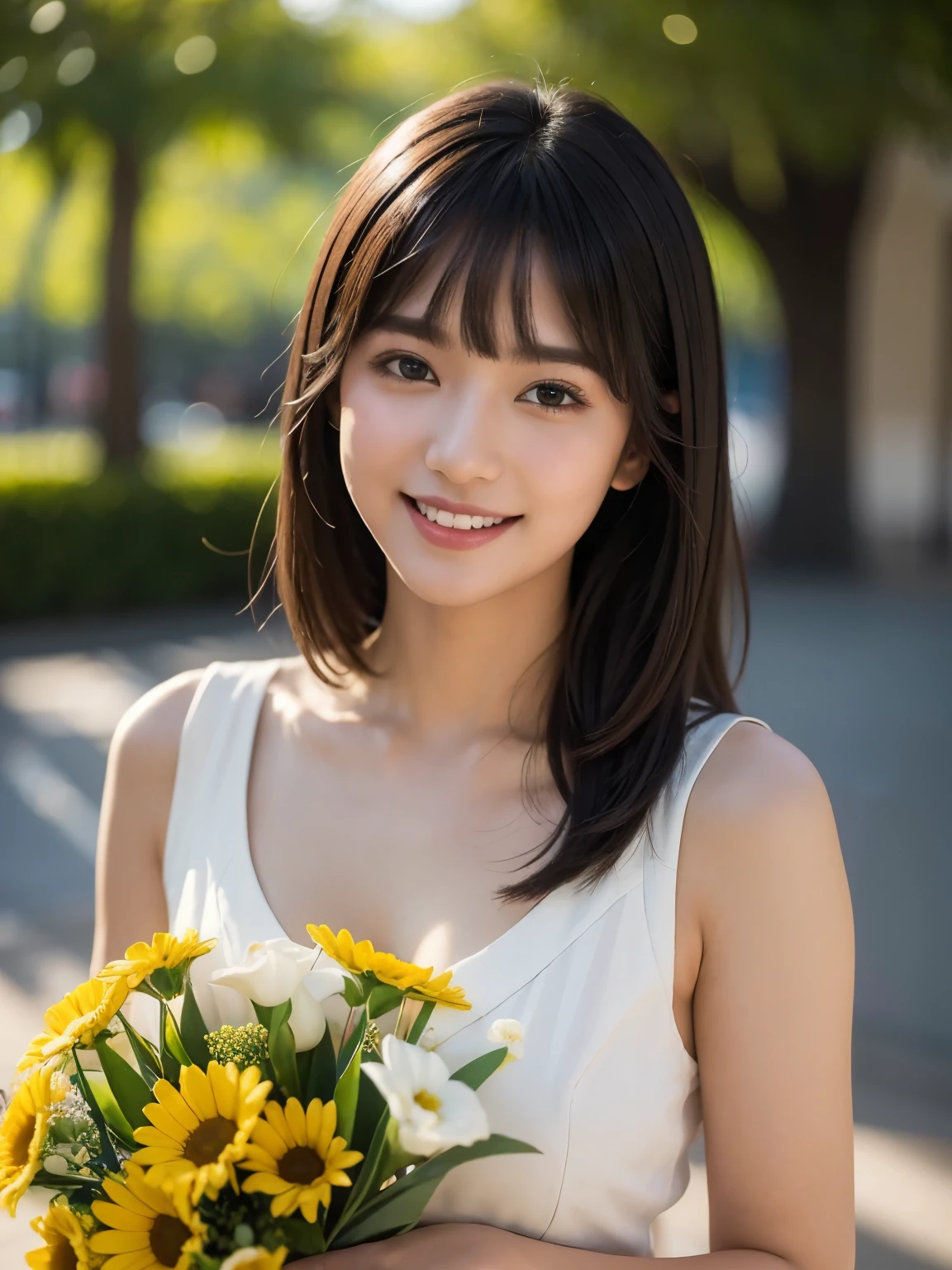 (highest quality,masterpiece:1.3,ultra high resolution),(Super detailed,caustics),(realistic:1.4,RAW shooting),1 girl,flat bangs、look at the camera with a smile、Blurred background、bouquet, indian style