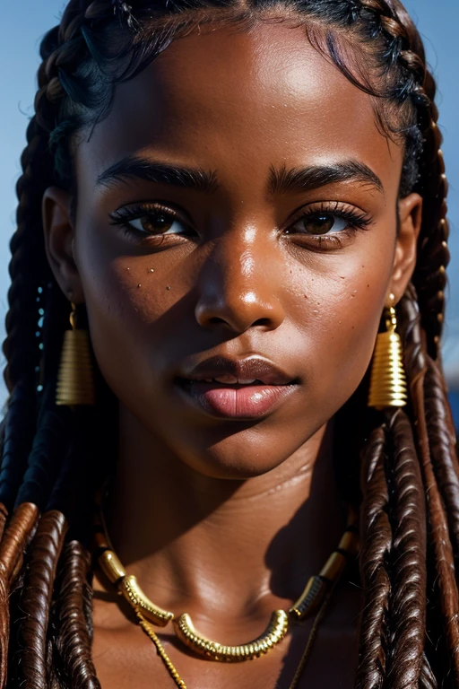 Full body nude portrait of a beautiful African American woman in her 30s with bright green eyes, a warm smile, and high cheekbones. She has long, wavy, dark brown hair with auburn highlights. Her skin is a rich, golden brown.  She is naked and has a confident expression. A photorealistic Kiki Layne, wide jaw, strong chin, with light makeup, Eyepatch over left eye, leather patch, Extremely detailed brown right eye, braided hair hanging down, braids decorated with coloured beads, braids framing face serious expression, one eyebrow raised, A detailed symmetrical realistic face, African tribal pattern keffiyeh, smart blue waterproof jacket, Highly detailed natural texture, master piece, absurdes, extremly detailed, astonishing, fine detail, couleurs riches, Hyper realistic texture, dramatic lighting