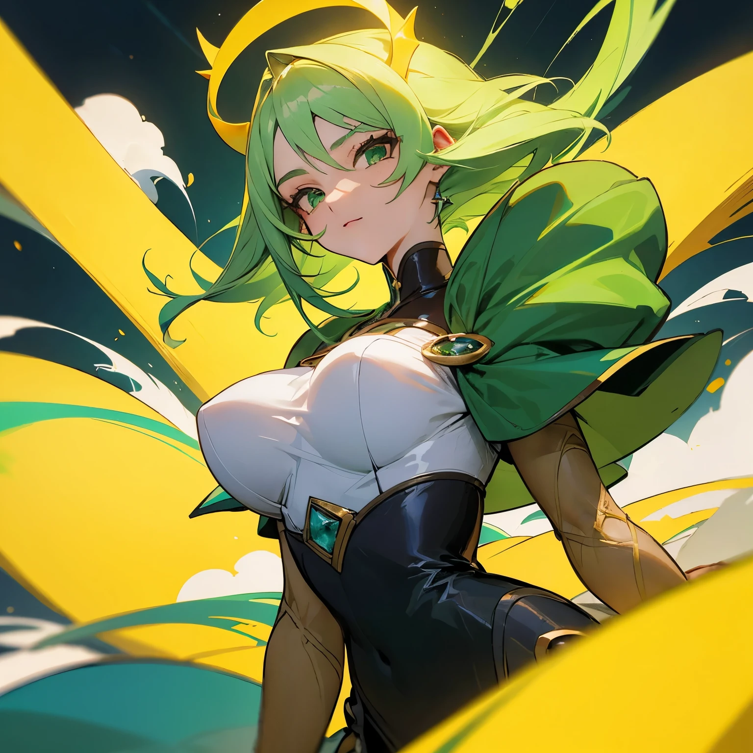 (((masterpiece))),(((bestquality))),((ultra-detailed)),(illustration),((anextremelydelicateandbeautiful)),dynamicangle,floating,(beautifuldetailedeyes),(detailedlight) (1girl), solo , floating_hair,glowingeyes,green hair,greeneyes, twintails, halterdress, atdan, 绿色背景,