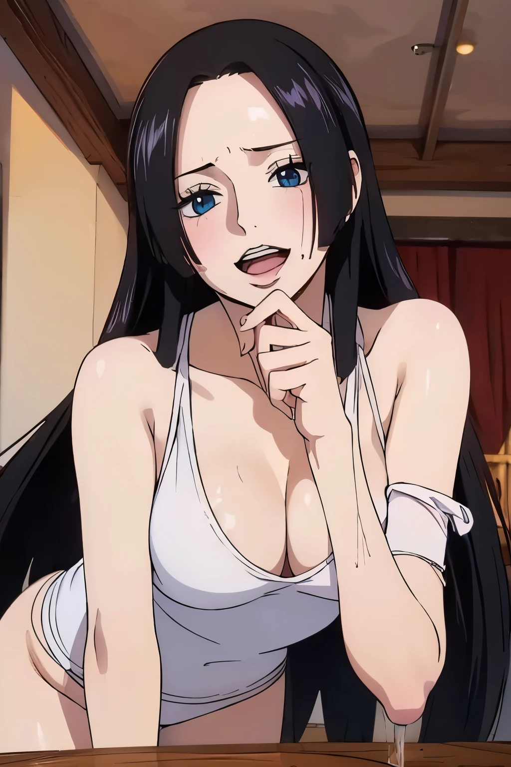 (((masterpiece))), (((best quality))), ((ultra-detailed)), (highly detailed CG illustration), Boa Hancock, (nsfw:1.4), (masterpiece:1.5), Detailed Photo, Smiling, Sexy, (Best Quality: 1.4), (1girl), Beautiful Face, (Black Hair, long Hair: 1.3), Beautiful Hairstyle,  beautiful detail eyes, (realistic skin), beautiful skin, absurd, attractive, ultra high resolution, high definition, (sexually aroused:1.5), Pinkish white skin, cool white light, sexy pose, Beautiful , white background, pink soft white light, Wear a white tank top, (bukkake:1.8), {inside in room|exteriors|simplebackground}，(No shoulder strap:1.3)，(drunk:1.7)) （wavey hair：0.8）， black hair，(blue eyes)，Large breasts，smile, (Be red in the face:1.4)，looks into camera, 