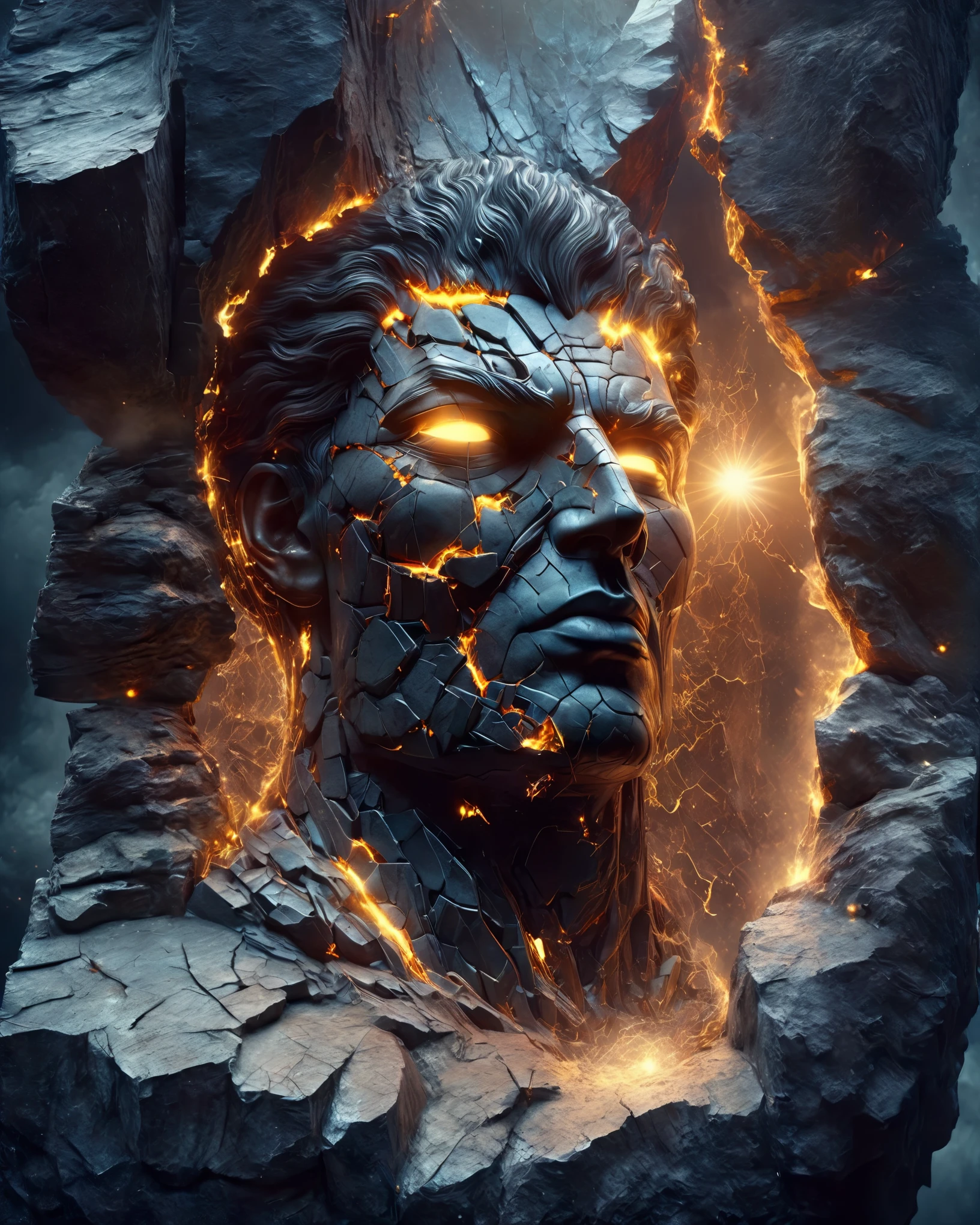 in style of Caras Ionut, beautiful details，A giant statue face of a man，Close-up of a cracked stone statue portrait， Art style of Philip Hodas，Matte of the human soul, realism ，BDO works by American digital artist Stuart Lippincott，Use advanced tones and shading，Creates a dazzling and mysterious light，The deep spatial pattern and mysterious atmosphere,Create a sci-fi mechanical god realm,Highlighting the insignificance of human beings，and fear of the unknown，minimalist art，fantasy，Surrealism，Handsome man&#39;s face