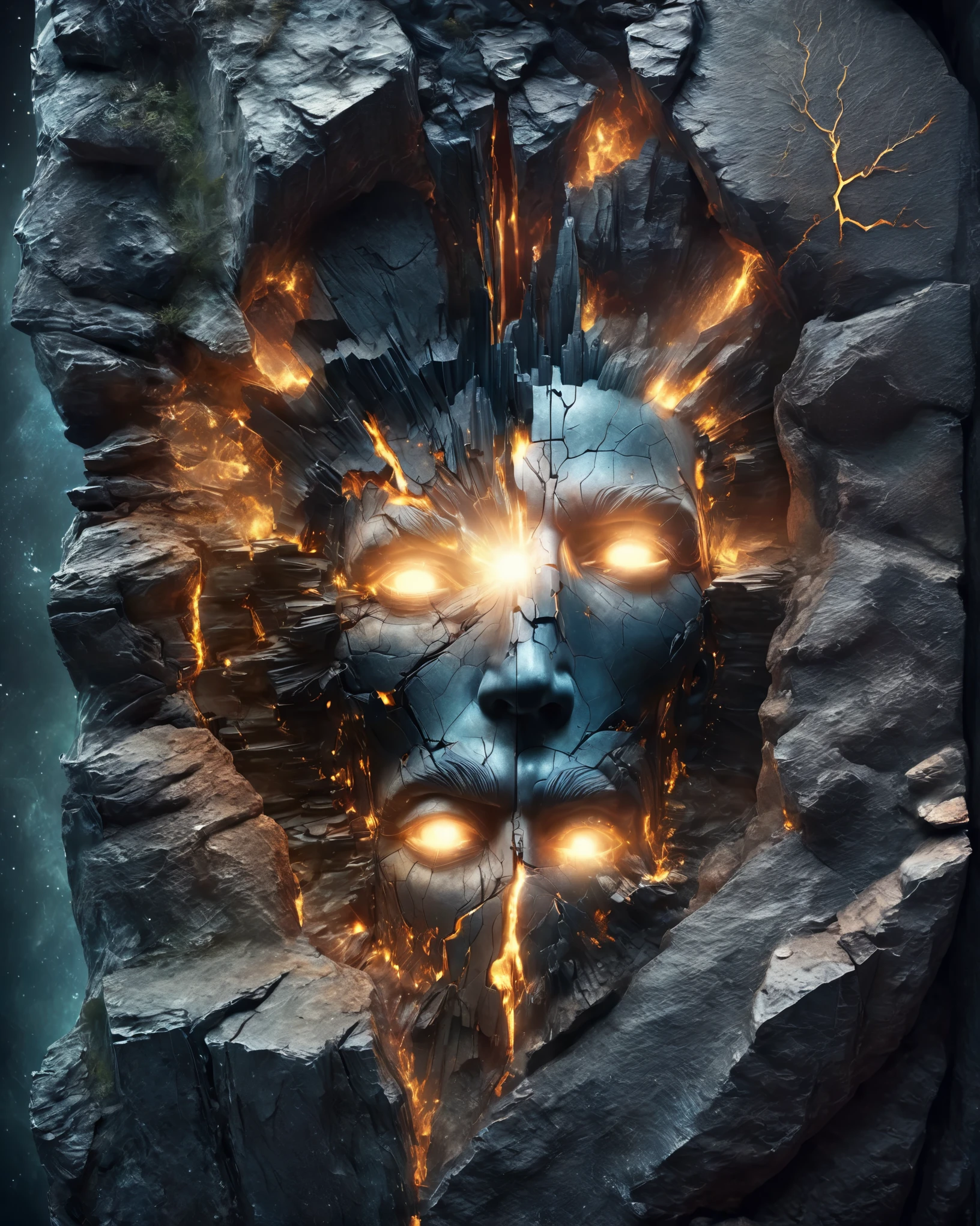 in style of Caras Ionut, beautiful details，A giant statue face of a man，Close-up of a cracked stone statue portrait， Art style of Philip Hodas，Matte of the human soul, realism ，BDO works by American digital artist Stuart Lippincott，Use advanced tones and shading，Creates a dazzling and mysterious light，The deep spatial pattern and mysterious atmosphere,Create a sci-fi mechanical god realm,Highlighting the insignificance of human beings，and fear of the unknown，minimalist art，fantasy，Surrealism，Handsome man&#39;s face
