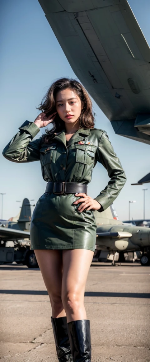 ((masterpiece, best quality, Highest image quality, High resolution, lifelike, original photo, 8K)), 1950s Film,film grain,at sunset,spectacular cloud formations,View of the military airport Alafid,There is a World War II fighter plane parked in front, with 机场searchlight, A female soldier is waiting for guests in front of the plane, lure, beautiful face,Highly detailed facial details,exquisite eyes,beautiful eyes,WWII military uniform and high heels, American female soldiers,Route 6 6, searchlight, 1 9 5 0 s United States Travel, some have searchlight, 外面searchlight, searchlight, gigantic searchlight, in arnie swicker, few searchlight, searchlight in background,