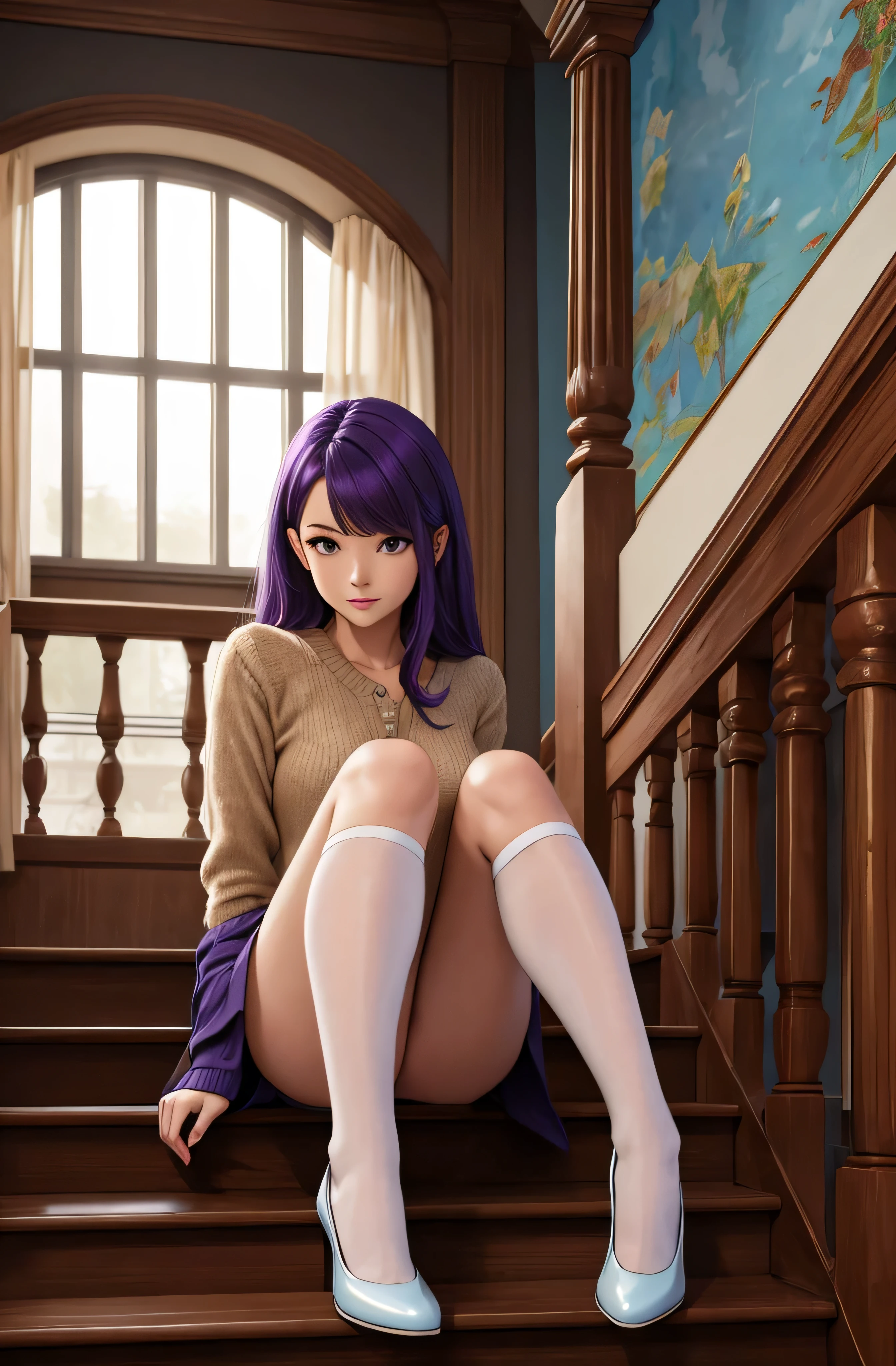 A woman with purple hair and blue stockings is sitting on stairs.iperdetalhado, Ultra HD, (HDR), 8k, (((nfsw))),.