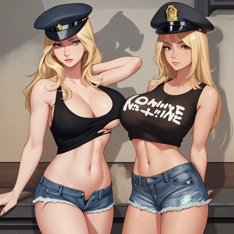 One beautiful blonde woman, black police hat, white tank top, belly button visible, torn denim shorts