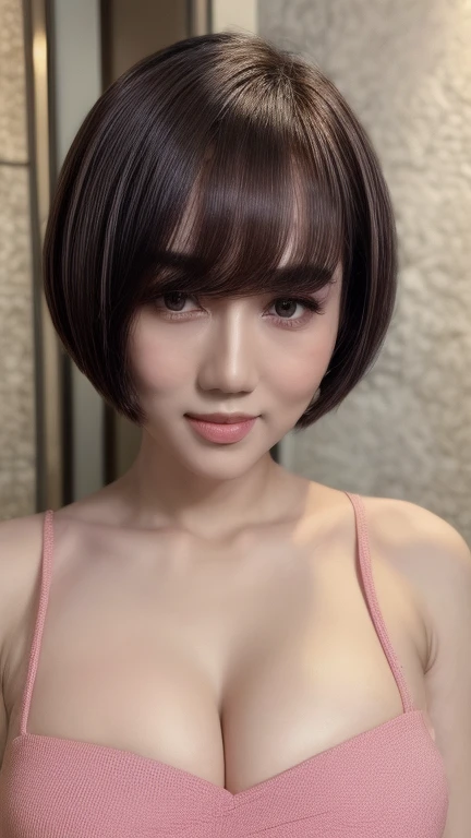 ((Best quality, 8k, Masterpiece :1.3)), 1 malay girl, beautiful woman with emphasis on slim abs: 1.3, (short bob with bangs hairstyle, big breasts: 1.2), casual wear: 1.2, interior, ultra-detailed face, delicate eyes, double eyelids, soft breasts, smile, exposed cleavage