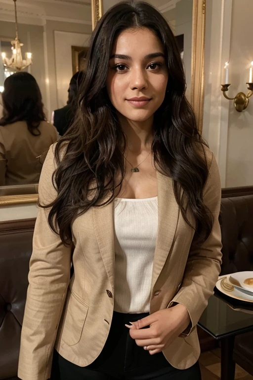 a portrait of a 23-year-old Latina woman, with long, curly, black hair parted to one side, and brown eyes, radiating a warm smile. She is dressed in business attire, including a light brown blazer. The depiction is very realistic and detailed. This image portrays the woman in a luxurious setting, with a background suggesting an elegant restaurant, engaged in conversation with four people in a similar style. The image quality is exceptional, in super realistic 8K resolution, capturing every detail of the scene and the protagonist impressively