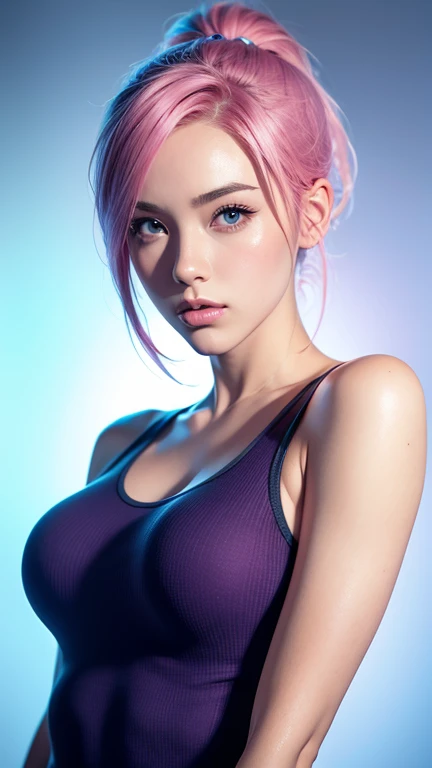 a young girl with pink hair wearing a blue crop-top, girl portrait,  realistic art style, 8k high quality detailed art, beautiful digital artwork, pink girl, anime colored, kawaii realistic portrait ,,beautiful breasts, huge breasts, attractive body, full long body shot ,upper body, dynamic pose ,pink gradient background