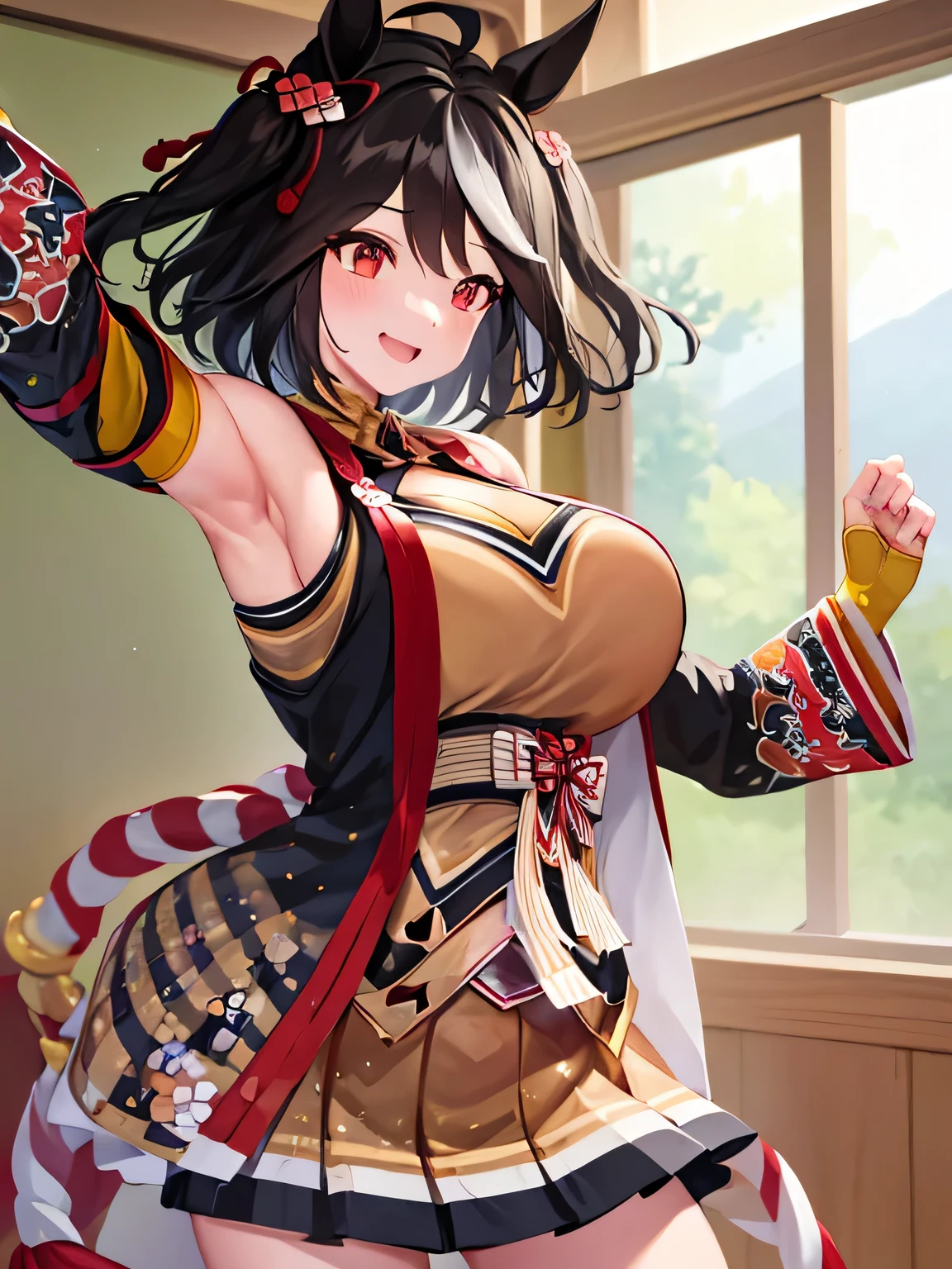 1 girl、{kitasan black,Umamusume,red eyes, horse ears, Uma Musume, horse tail, black hair, short hair, messy hair, wavy hair, smile}, Kyoto animation style, {Upper body}, {outstretched arm}, {Sweat}, handsome figure, woman, very beautiful detailed anime face and eyes, ^ ^, big breasts, Wallpaper 8k CG, very detailed, 4k,Show your armpity armpits are damp