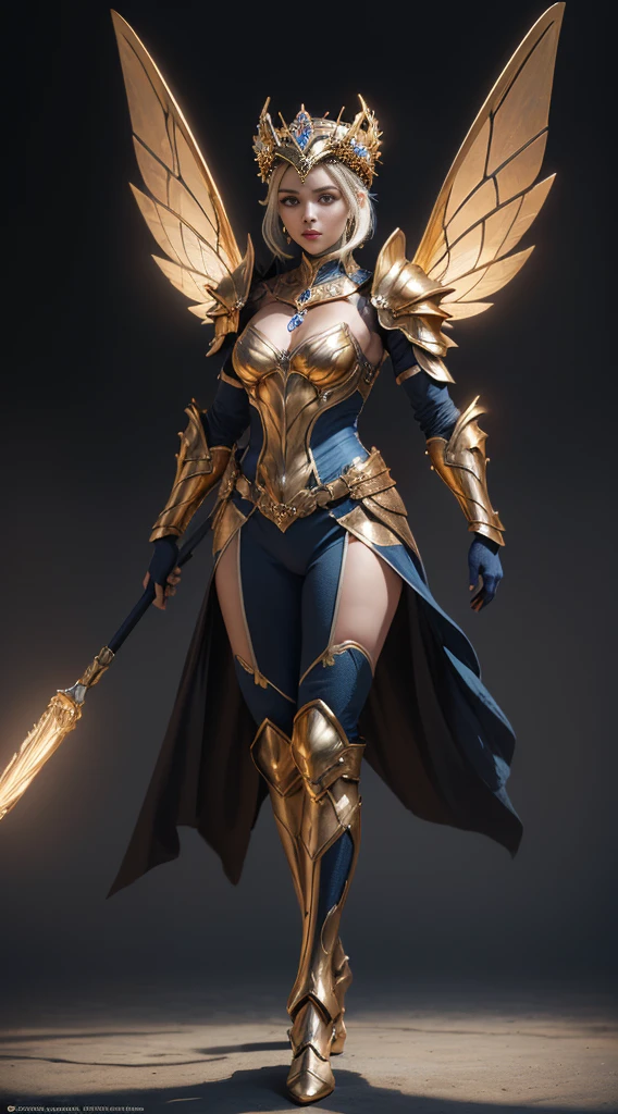 A woman adorned in fantasy-style full-body armor, a crown-concept fully enclosed helmet that unveils only her eyes, a composite layered chest plate, fully encompassing shoulder and hand guards, a lightweight waist armor, form-fitting shin guards, the overall design is heavy-duty yet flexible, (the armor gleams with a golden glow, complemented by red and blue accents), exhibiting a noble aura, she floats above a fantasy-surreal high-tech city, this character embodies a finely crafted fantasy-surreal style armored hero in anime style, exquisite and mature manga art style, (mixture of Queen bee and Spider concept Armor, plasma), ((Element, elegant, goddess, femminine:1.5)), metallic, high definition, best quality, highres, ultra-detailed, ultra-fine painting, extremely delicate, professional, anatomically correct, symmetrical face, extremely detailed eyes and face, high quality eyes, creativity, RAW photo, UHD, 32k, Natural light, cinematic lighting, masterpiece-anatomy-perfect, masterpiece:1.5