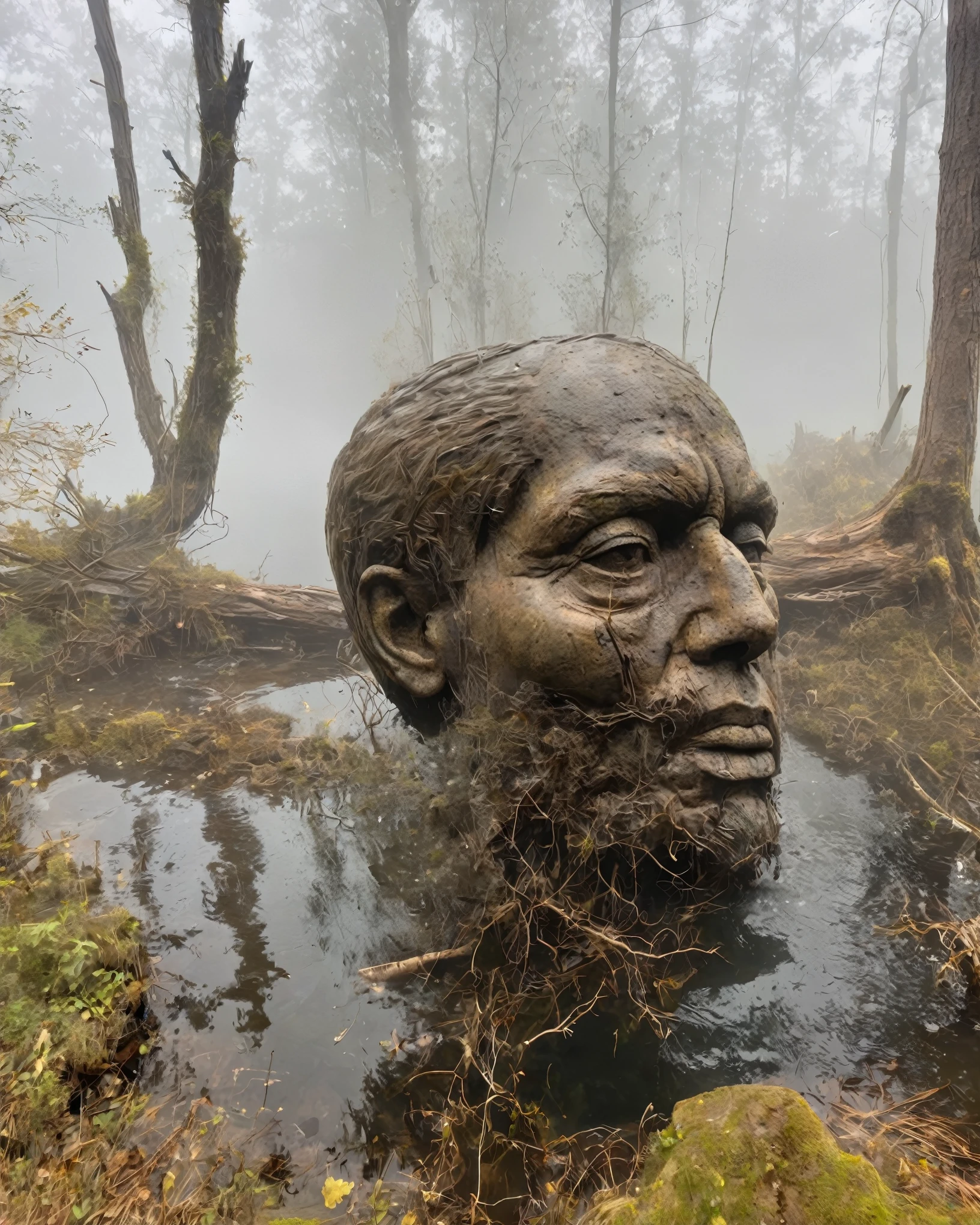 Big Dumb Object,Portrait of a huge head sculpture falling in water,Great Wilderness,Dense fog,old,Dead branches