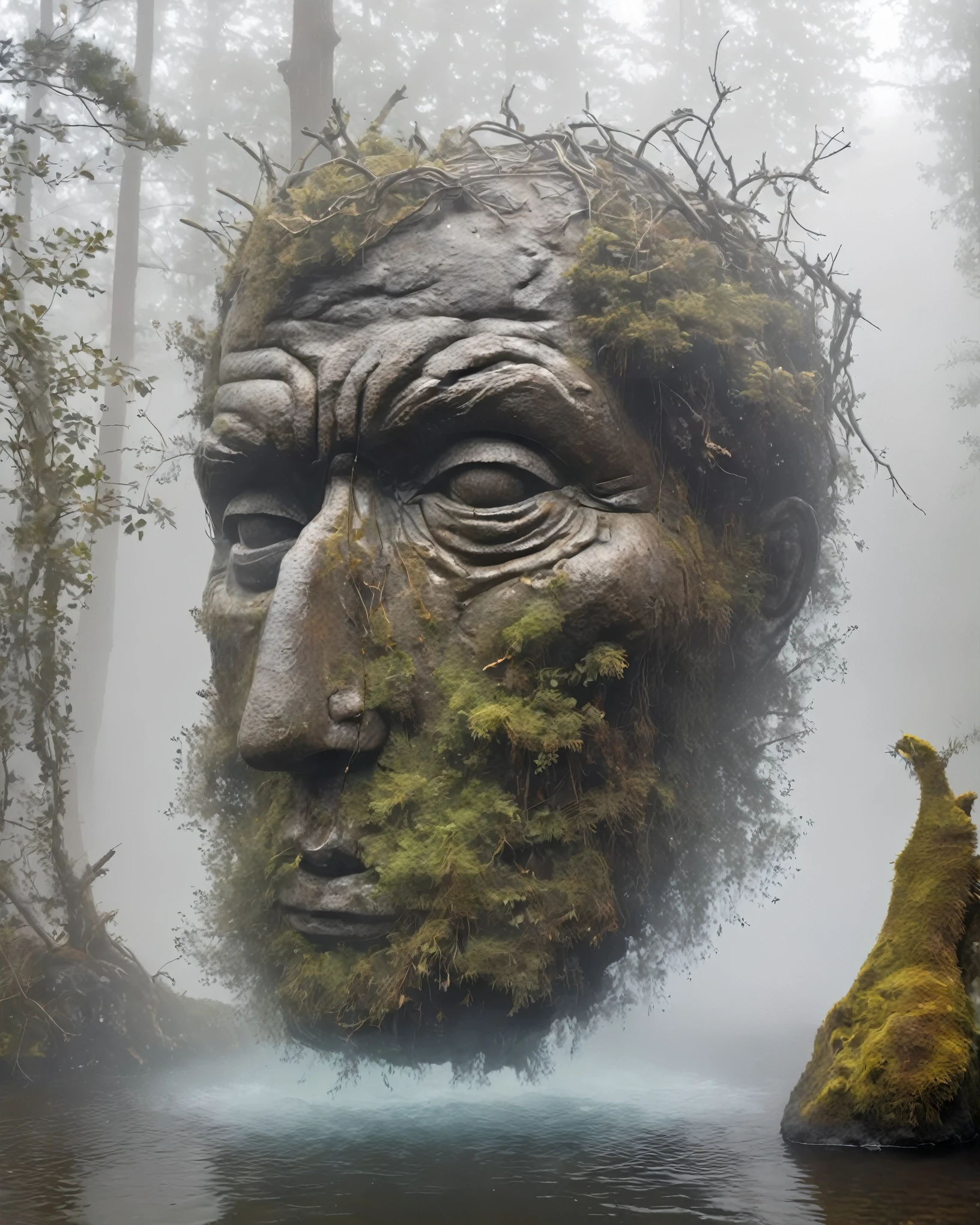 Big Dumb Object，Portrait of a huge head sculpture falling in water，Great Wilderness，Dense fog，old，Dead branches