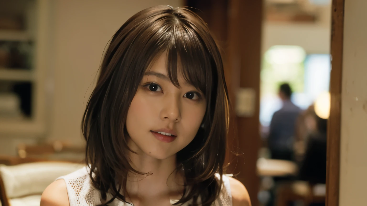 (8K, Raw photo, highest quality, masterpiece: 1.2), (realistic, photorealistic: 1.37), Super detailed, ultra high resolution, one girl, Beholder, beautiful and detailed face, smile, narrow, (slim waist): 1.3), shirt, Beautiful and smooth skin, skin texture, floating hair, professional lighting, big breasts, kind eyes, white sleeveless, peering, Upper body, water,Photographed inside the cafe