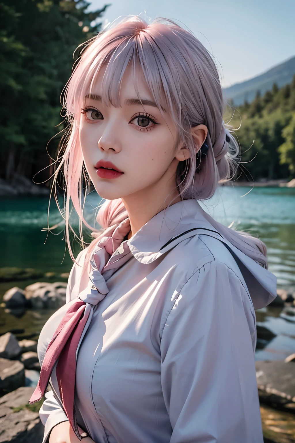 1girl, hair scrunchie, hime cut, silver hair, colored tips, full moon, grey eyes, jacket, long sleeves, looking at viewer, medium hair, multicolored hair, parted lips, pink hair, portrait, red lips, solo, a lakefront in a quiet forest, artistic photography, (photography taken by sldr), full shot,