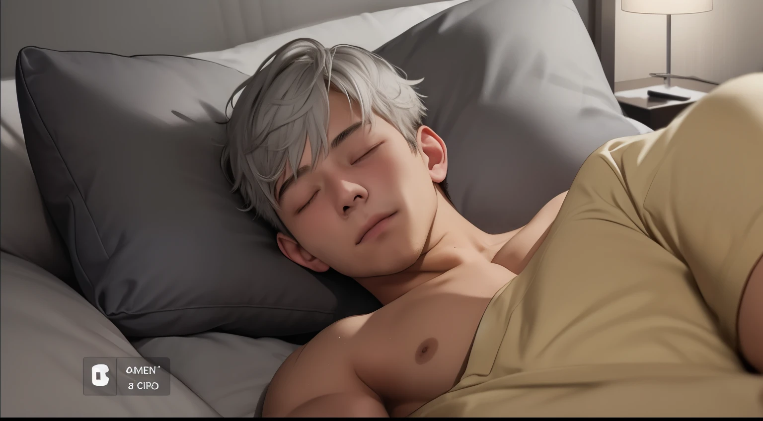 cute  boy light gray hair shirtless is asleep