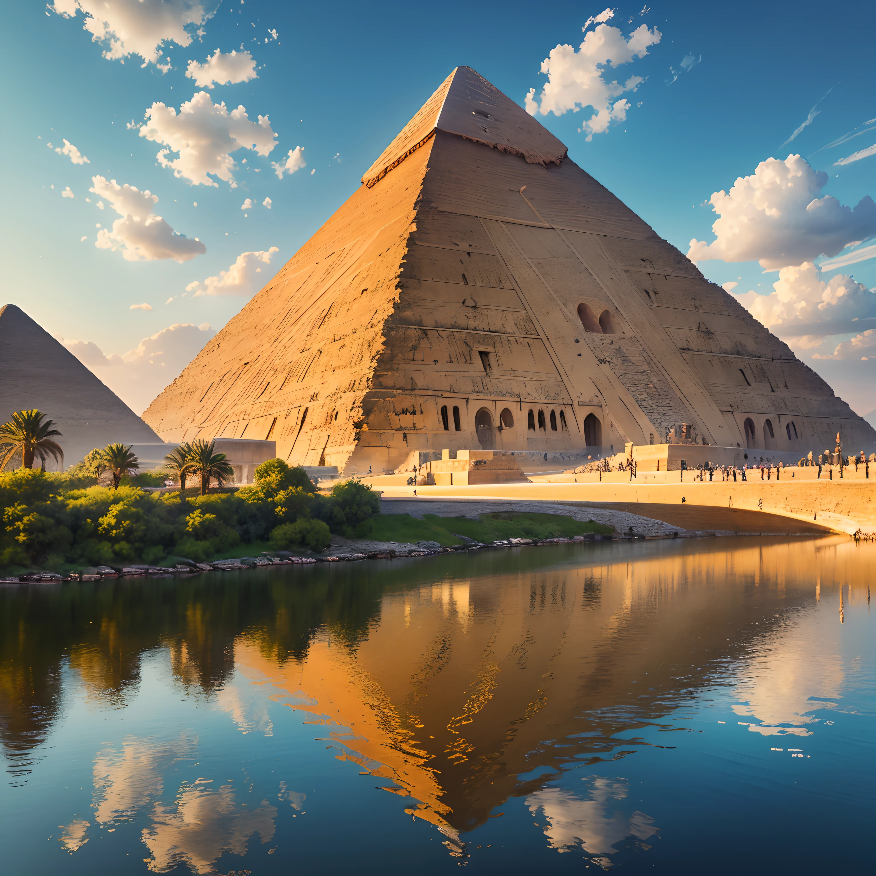 (Great Pyramid surrounded by'une belle ville, with lots of people walking around), paysage, eau, (Fond d'16k screen'an extremely detailed CG unit), The most beautiful works of'art du monde, majestueux professionnel de la peinture à l'huile, Complexe, high detail, sharpness, dramatic and photorealistic painting art --auto --s2