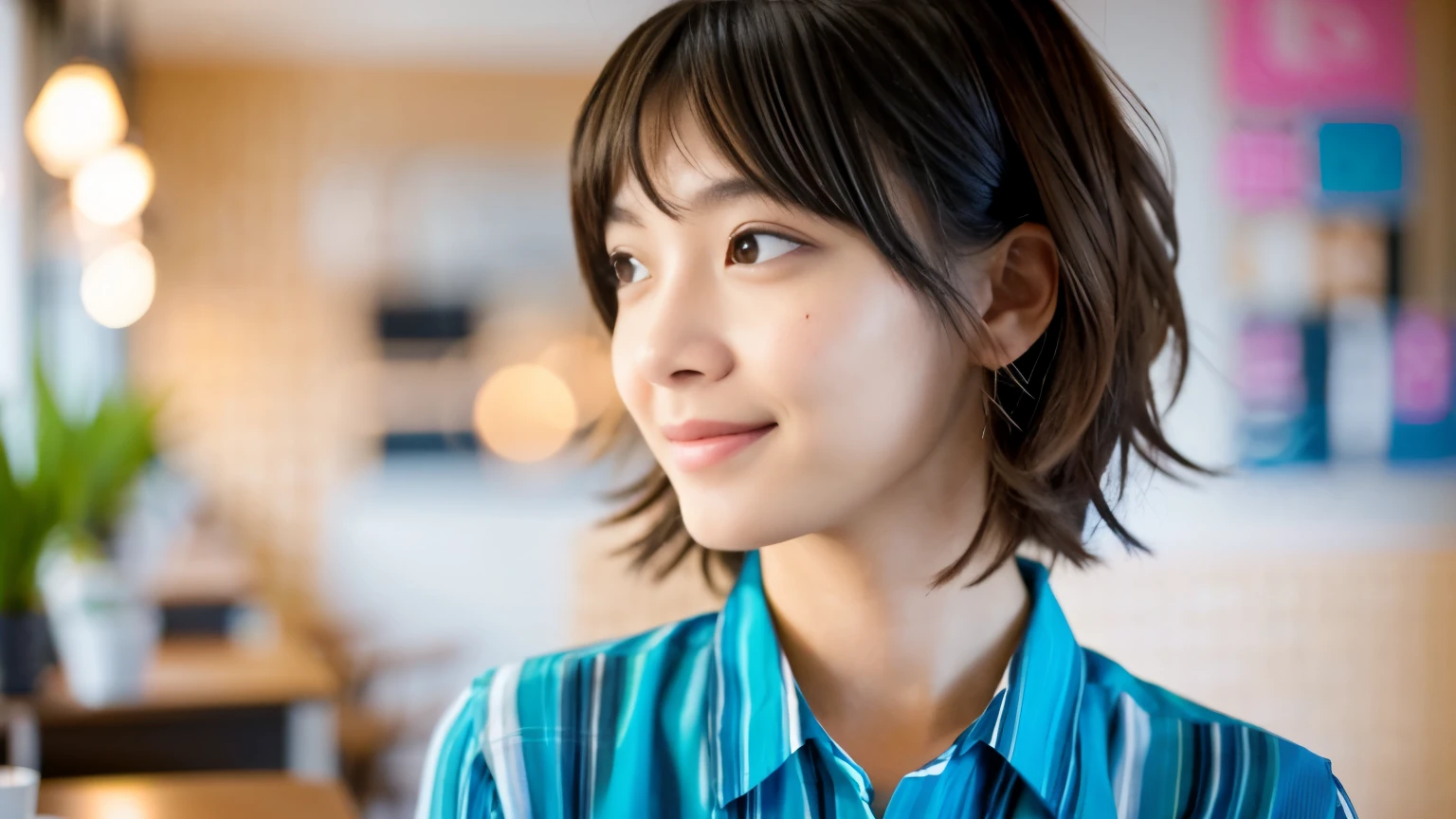 Photographed at a cafe in New York,photo-realistic, surreal, cinematic lighting, 32k, 1 girl, look up, Backlight, (bright light:1.2), (Improvement of quality:1.4), (Highest quality realistic textured skin:1.4), detailed eyes, detailed face, shy smile, close up of face, short hair, blouse, (Enhances the beauty of skin texture:1.1), matte texture,Inside the cafe, beauty salon model