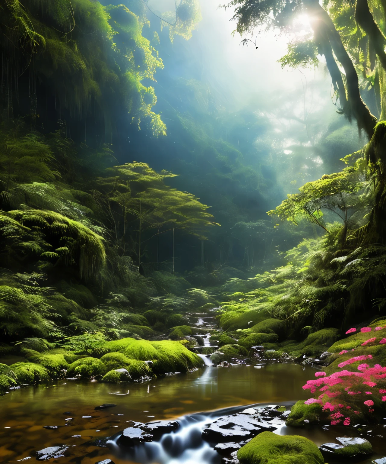 the rainforest,Little Meteor Works: 1.3), (8K, lifelike, original photo, best quality: 1.4), Damp rainforest,forest,jungle,There is heavy rainfall,monochrome,There are vines all around,huge wet trees,(jungle阴暗潮湿:1.8),There is a swamp on the ground,There is a smell of obstruction in the woods,Weird poisonous bugs,Breathtaking forest scene,Tall trees reach toward the sky,sunlight through leaves,Cast a golden glow on the forest floor。Stream flows through mossy rocks,Create a peaceful atmosphere。Delicate branches are adorned with vibrant flowers and leaves,Add a touch of color to your scene。Fireflies dance in the air,Soft light illuminates the surroundings。The air is filled with soft melodies,Butterflies dancing in the flowers。in the complex、This mesmerizing moment is captured in high-quality illustrations,and pay attention to the finest details and realistic shadows,((郁郁葱葱的jungle / oasis / desert island / temple ruins)), Sensual, Evocative pose, complex, Very detailed, Anders Zorn, Sophie Anderson, Lia Kuvshinov