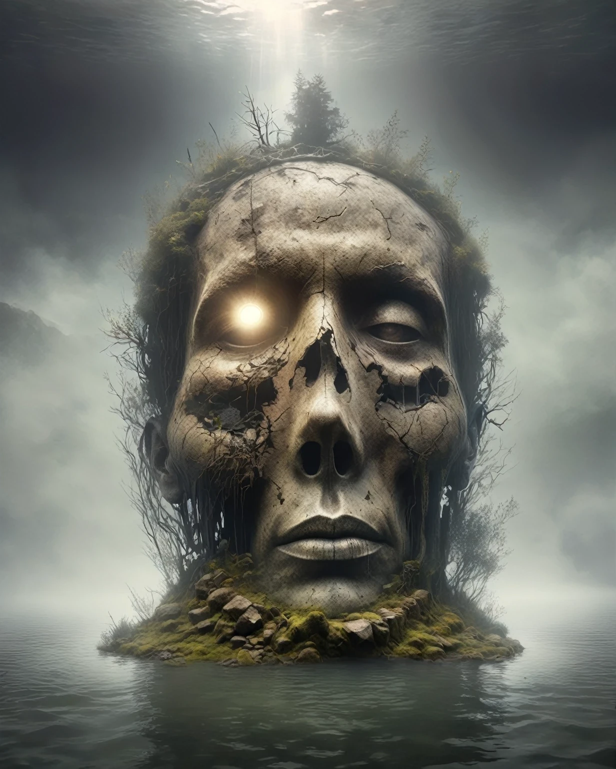 In a desolate landscape, a Big Dumb Object, a giant sculptural head, lies submerged in water. The scene is enveloped in thick fog, adding a sense of mystery and isolation. The object itself appears worn and dilapidated, with cracks and signs of decay. Surrounding the sculpture, there are dried and withered branches that create a stark contrast against the misty backdrop. The image quality is of the highest caliber, with a resolution of 4k or 8k, capturing every intricate detail and texture. The realism of the artwork is emphasized, showcasing the fine craftsmanship and lifelike portrayal. The lighting is carefully orchestrated, casting shadows and creating dramatic highlights, enhancing the overall atmosphere. Dark and muted tones dominate the color palette, with subtle hints of desaturated and earthy hues. The prompt is complete and ready for Stable Diffusion.