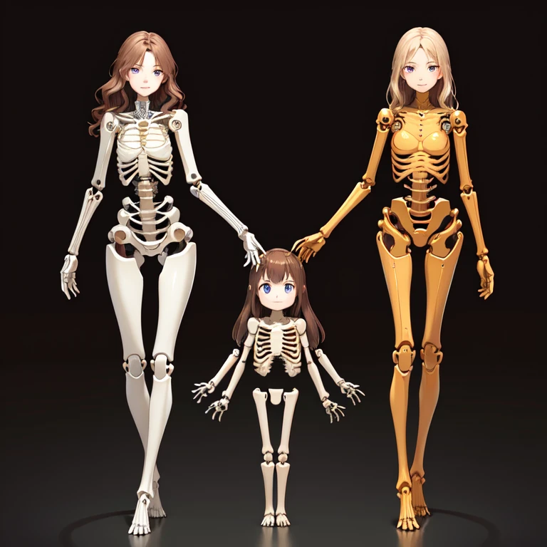 all female robots,
brown hair, blonde,
wavy hair,
hazel eyes,
very detailed,
smile,
Everyone is a machine except for their faces.,
All have mechanical limbs,
No clothes for everyone,
All exposed internal skeletons,
Each person has a different color internal skeleton,
full body shot,