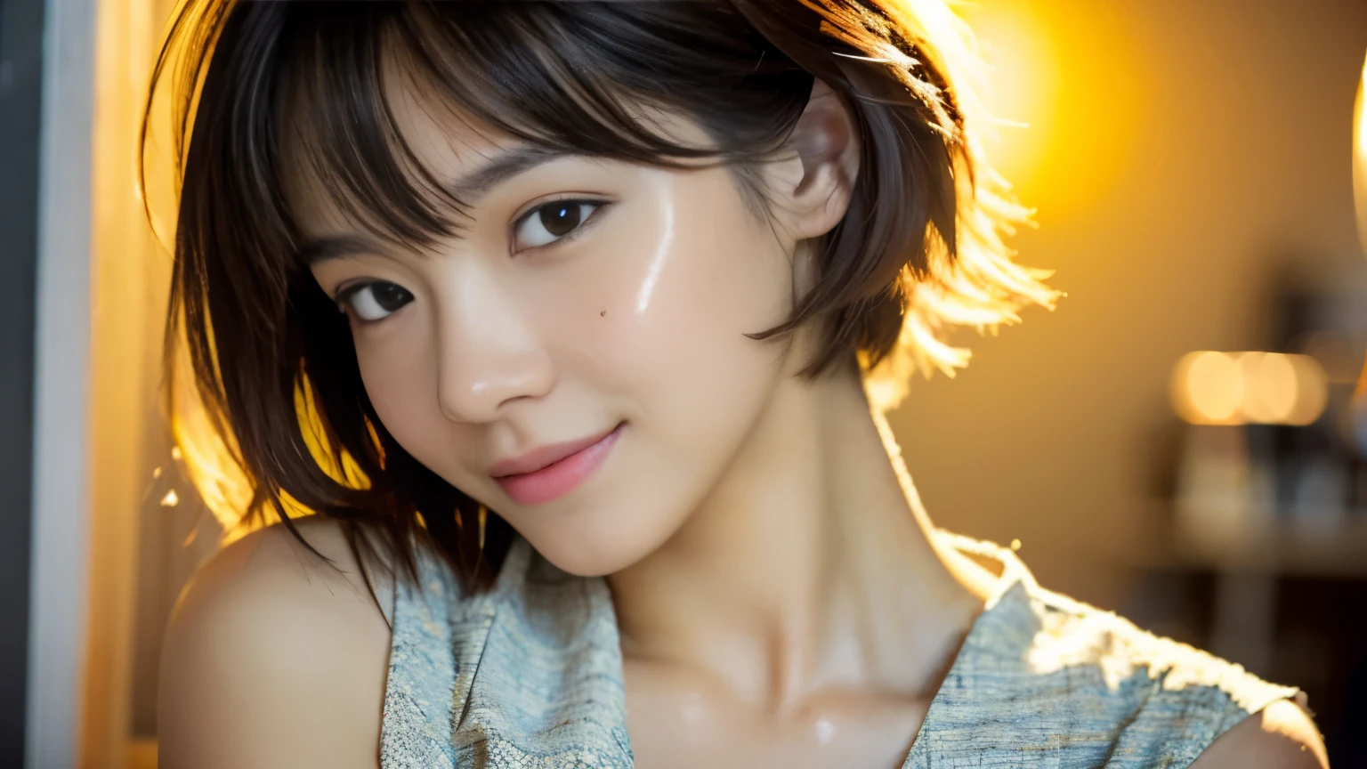 Photographed at a cafe in New York,photo-realistic, surreal, cinematic lighting, 32k, 1 girl, look up, Backlight, (bright light:1.2), (Improvement of quality:1.4), (Highest quality realistic textured skin:1.4), detailed eyes, detailed face, shy smile, close up of face, short hair, blouse, (Enhances the beauty of skin texture:1.1), matte texture,Inside the cafe, beauty salon model